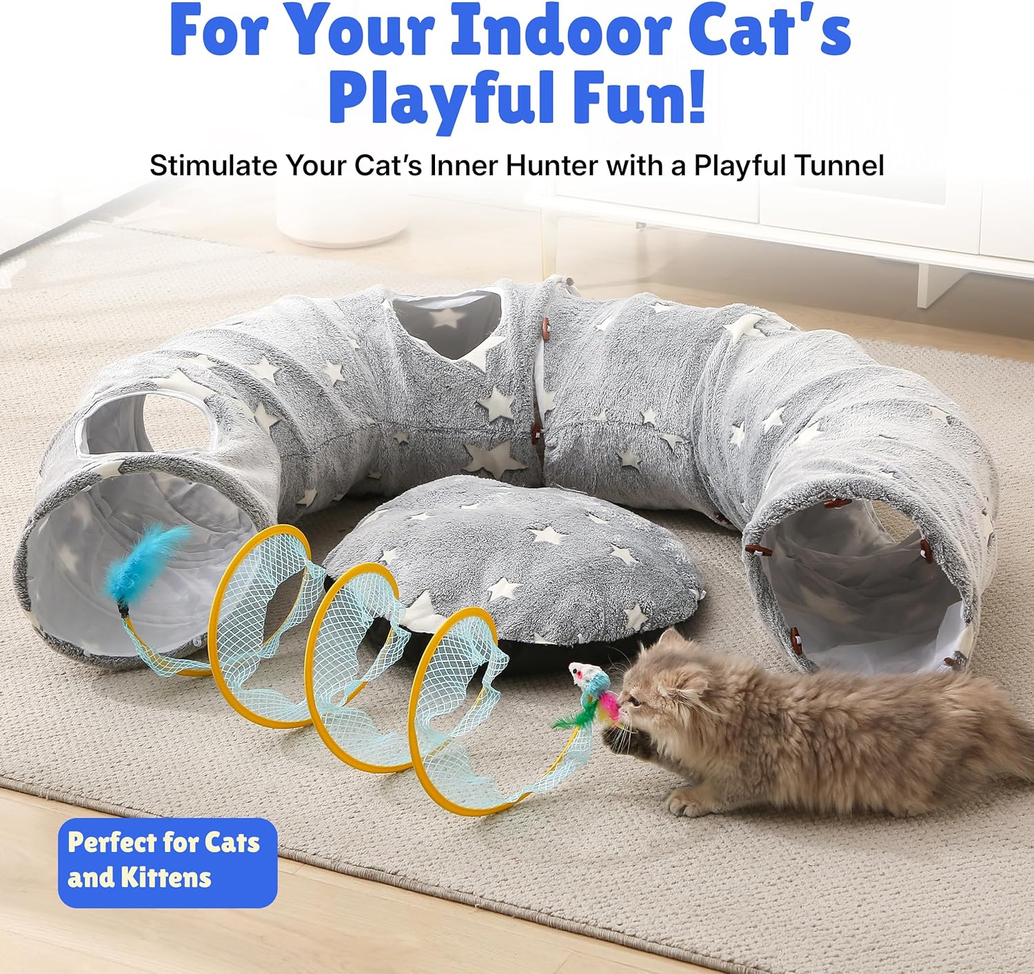 Cat Tunnel Bed for Indoor Cats, Plush Interactive Donut Tunnel with Peekaboo Holes, Shape-Shifting Design, Washable Cushion, Spiral Toy, Storage Bag, External Gaps, for Small to Medium Pets