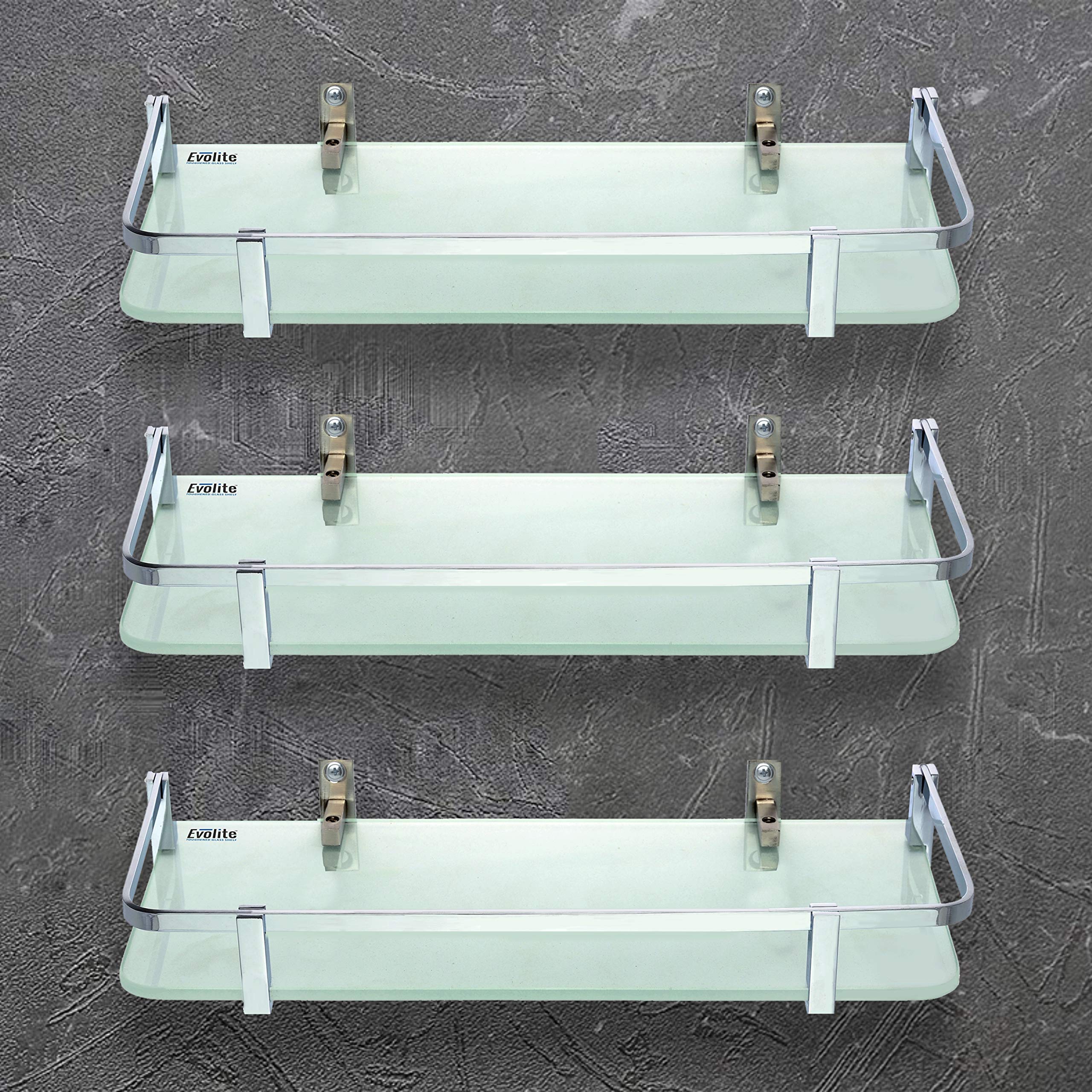 Evolite Tempered Glass Shelf for wal Living Room Corner and Rectangle Stand for Bathroom Racks & Shelves, Storage Shelf Wall Mounted Corner with Fitted Brackets (5x18 INCH)(Pack of 3)