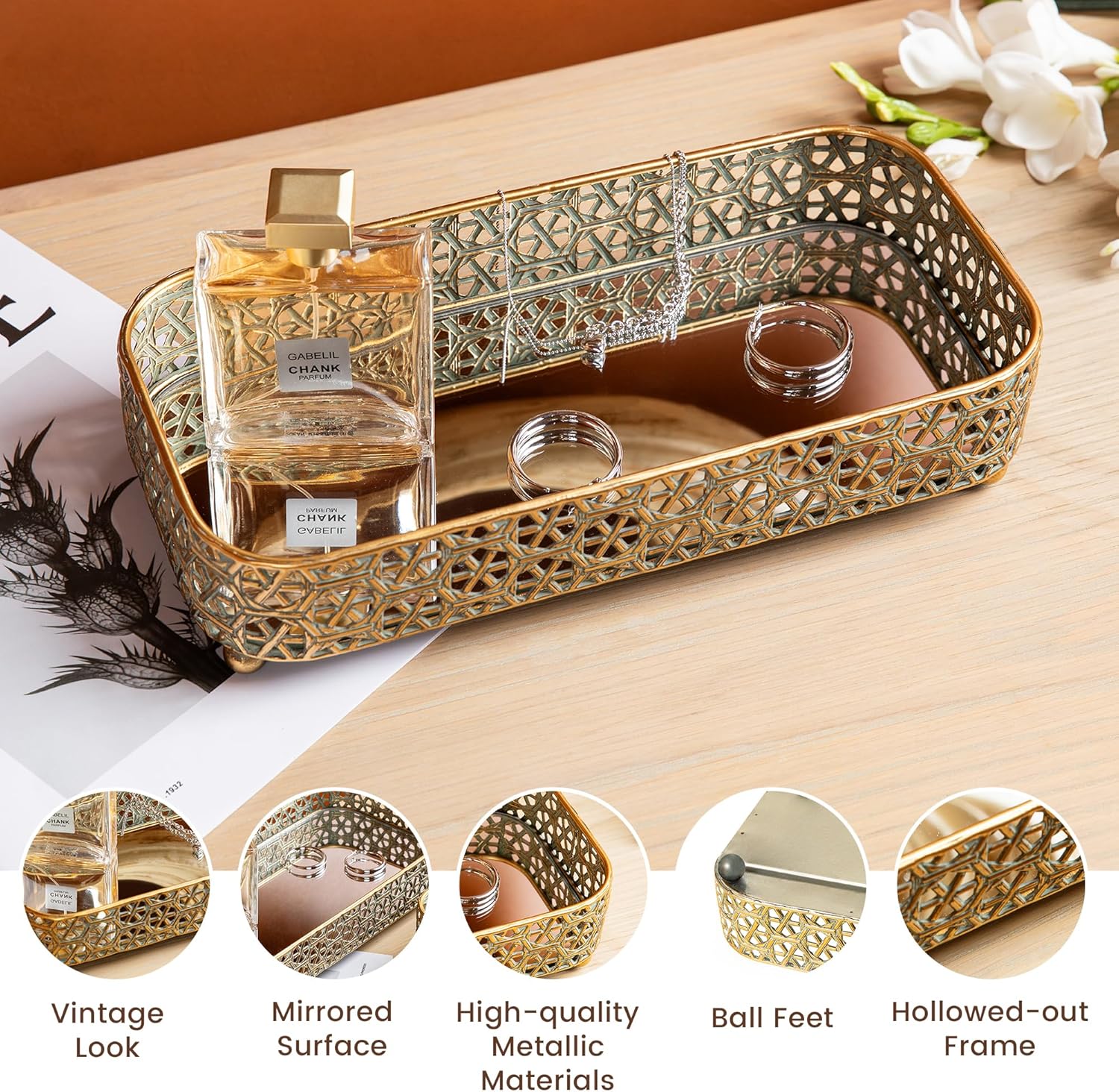 Glitzhome Set of 2 Oversized Gold Mirror Decorative Trays, Rectangular Metal Vanity Jewelry Perfume Tray Dresser Tray, Elegant Hollow-Carved Jewelry Organizer Makeup Trays