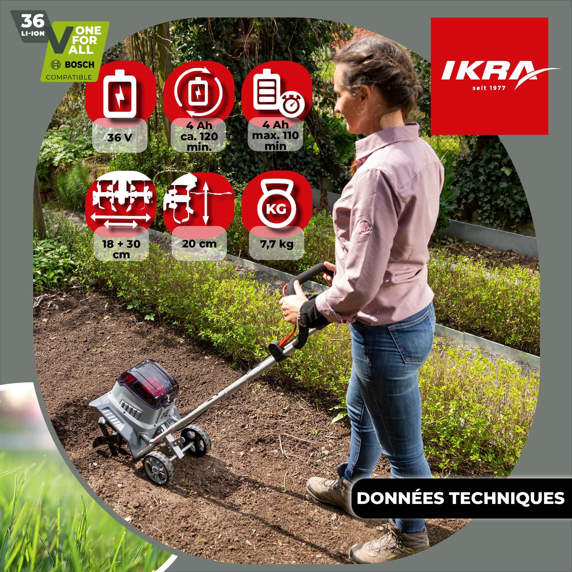 IKRA Motobineuse 36V sur Batterie IB-TC 36, Deux largeurs de Travail 18-30 cm, Compatible avec Bosch