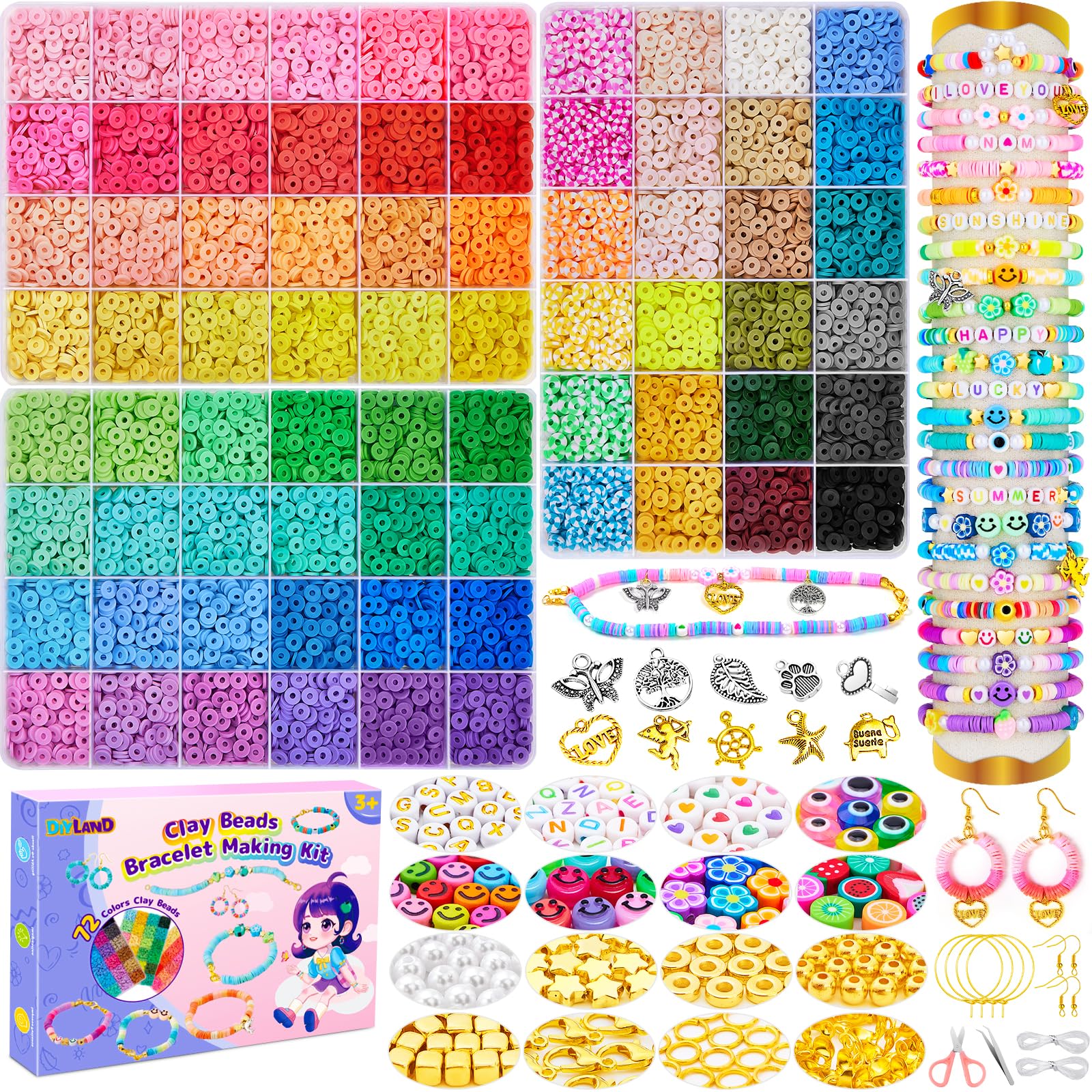 DIYLAND 11550 Piezas 72 Coloridas Abalorios para Hacer Pulseras, Pulseras Contiene cuentas de letras, de caritas sonrientes y de amor, Friendship Bracelet Kit DIY Manualidad Fabricación