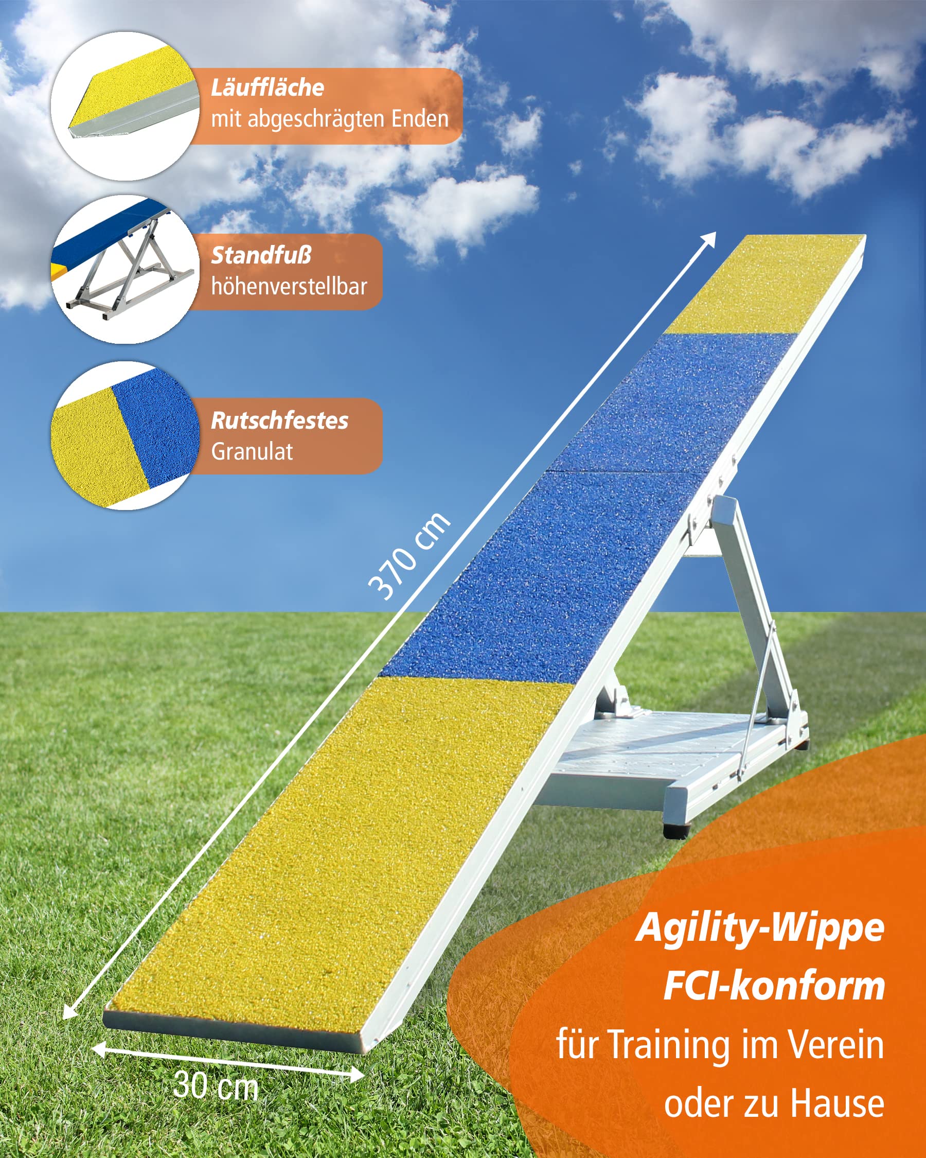 Huśtawka Agility – zgodna z FCI – z gumowaną powierzchnią bieżną i regulacją wysokości – do bezpiecznego treningu psów i turniejów