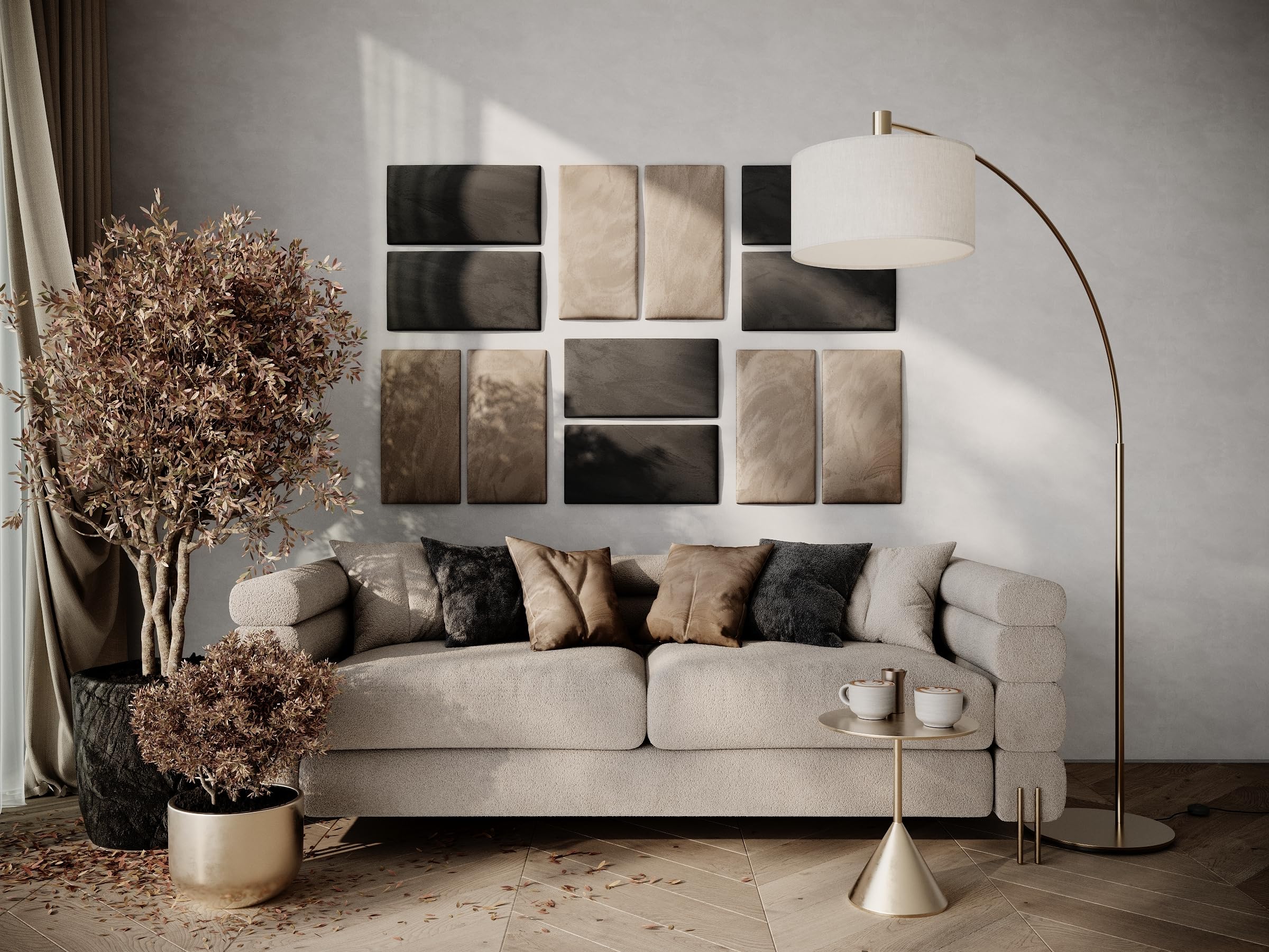 Pack de 2 paneles decorativos acústicos de terciopelo suave para paredes | Baldosas absorbentes de sonido, insonorizantes y reductoras de eco | Tablones suaves | [2x Rectangle (25x50cm) | Beige]