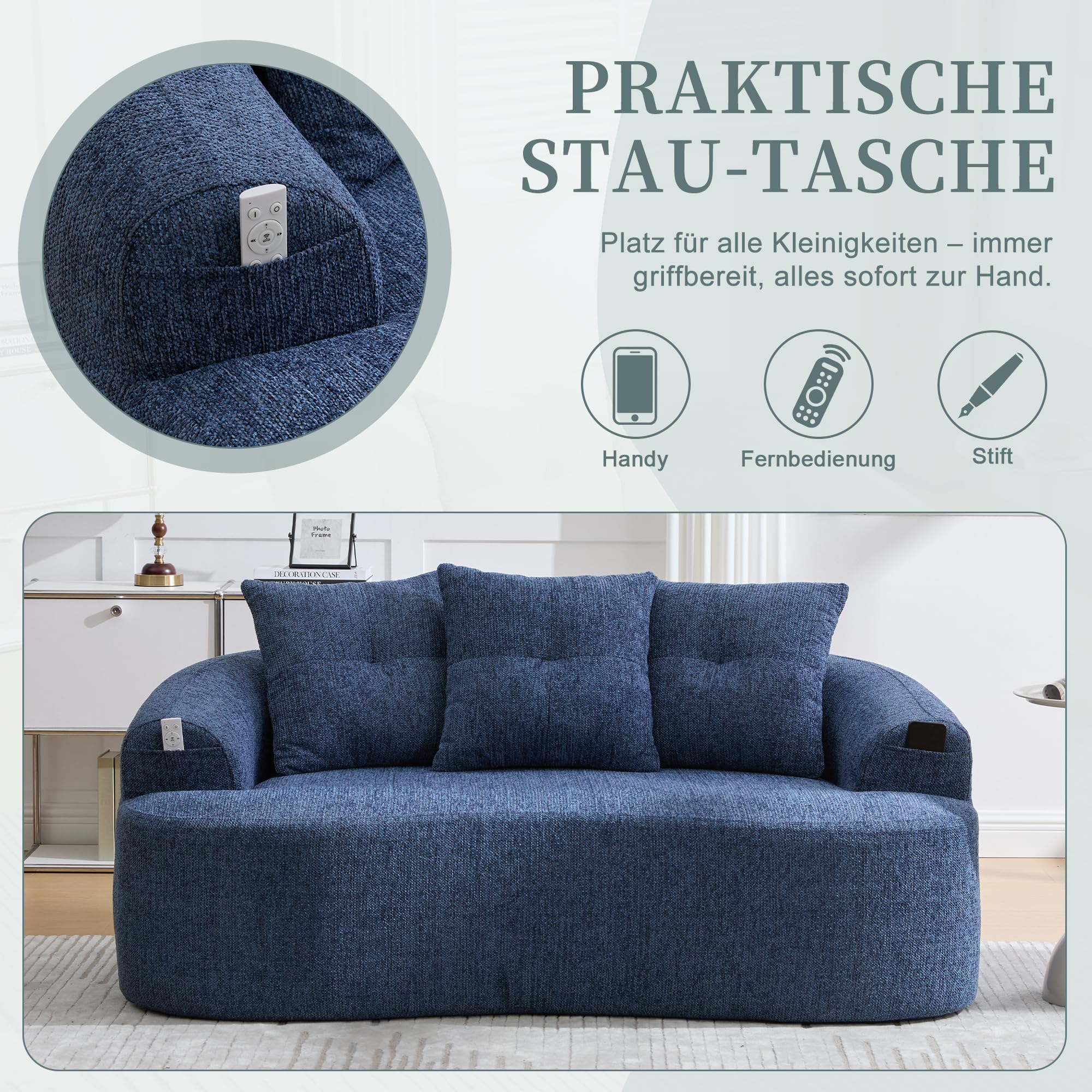 Shye Divano a due posti curvo, in ciniglia blu, motivo nuvola di ciniglia, profondo cuscino rotondo profondo, design compresso senza nucleo a molle, include tre cuscini decorativi, in stile