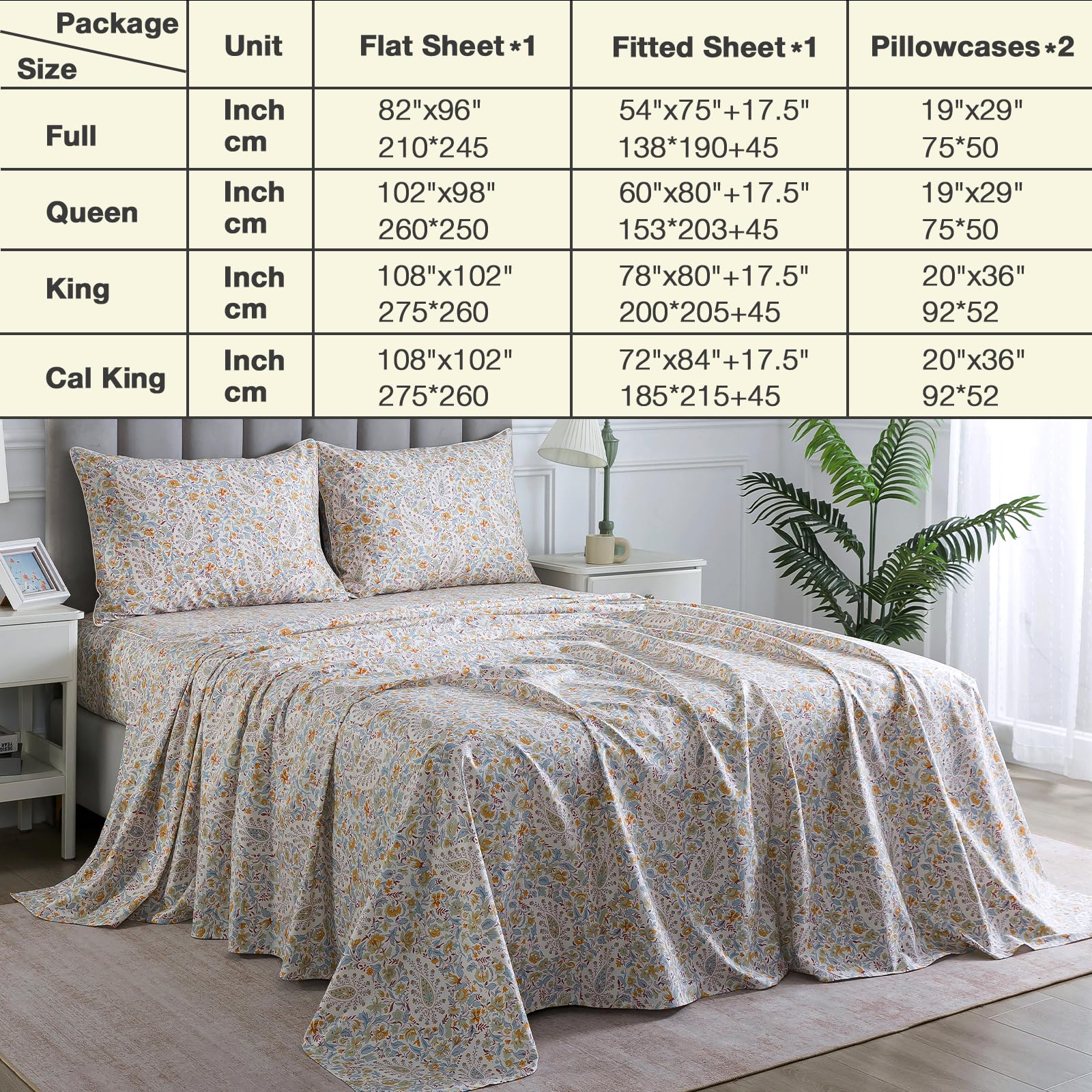 Lenzuola in percalle con motivo cachemire vintage, per letto California King, beige chiaro, shabby chic, floreale, 100% cotone, con tasca profonda, set di biancheria da letto di lusso, motivo