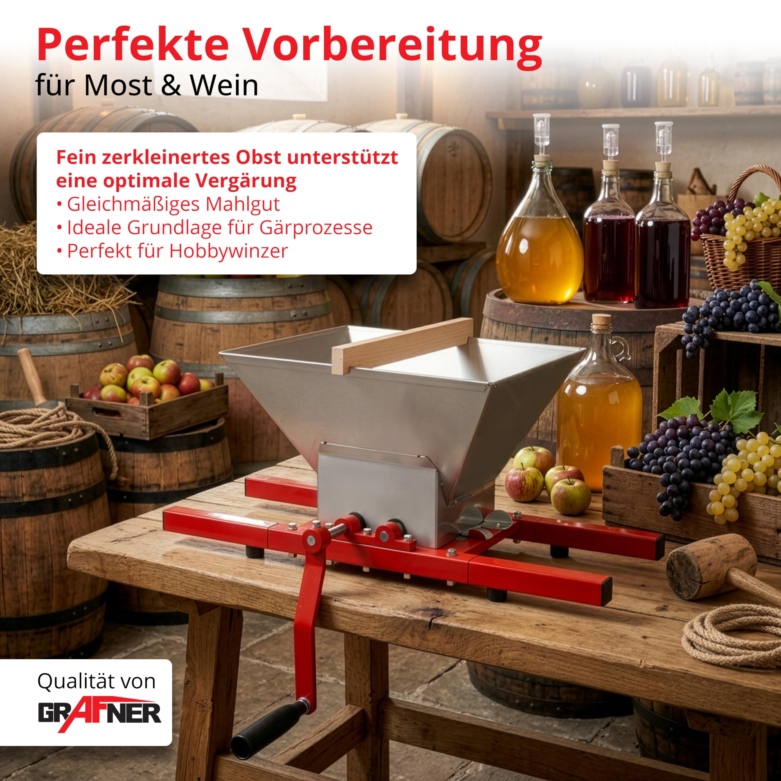 Grafner Obstmühle 7 Liter, Massive Ausführung mit Handkurbel, Apfelpresse Beerenmühle Traubenmühle Saftpresse Obsthäcksler Maischemühle Obstpresse