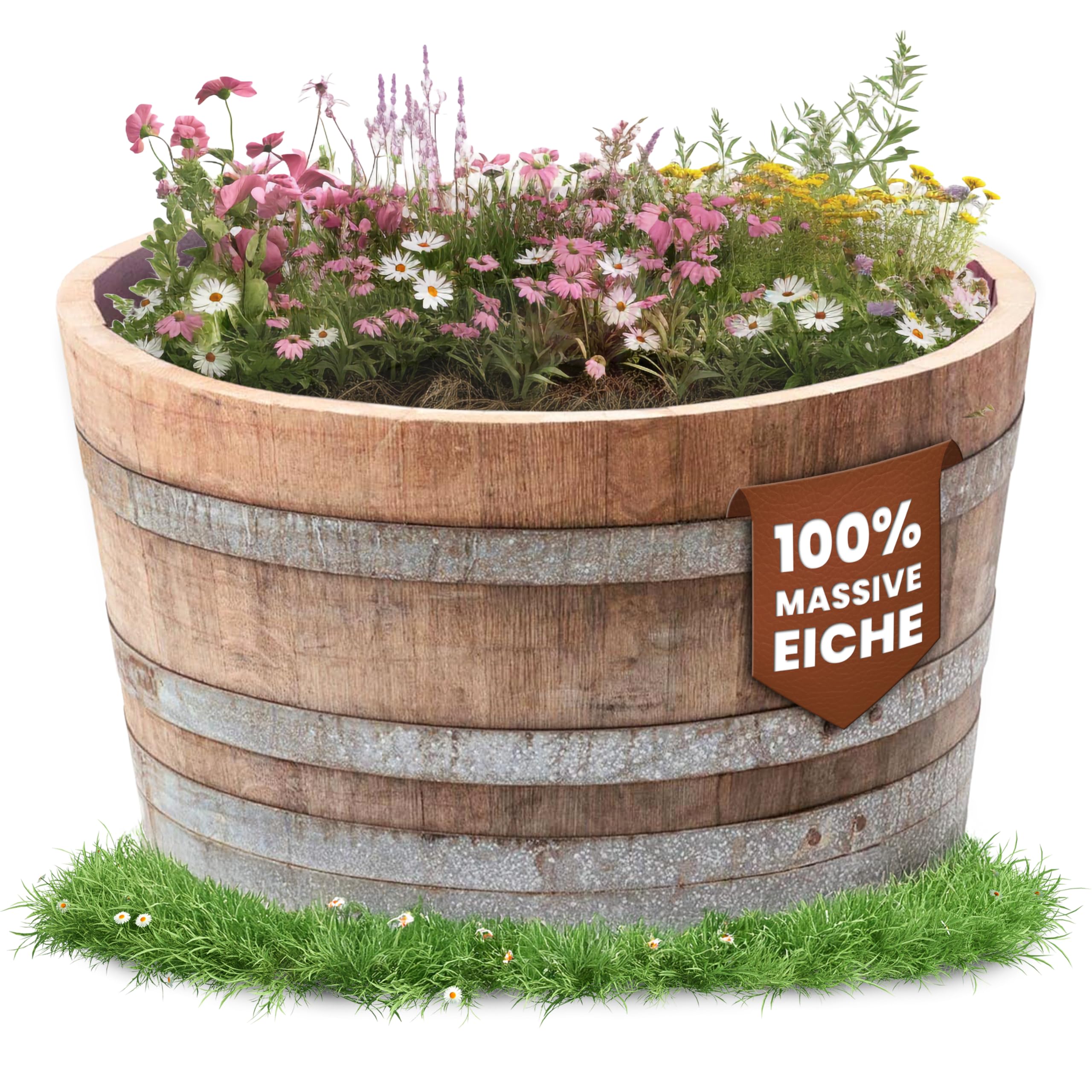 Temesso Holzfass, gebrauchtes Weinfass halbiert aus Eichen-Holz Fass als Pflanzkübel oder Miniteich (D70 H40 cm 100 Liter)