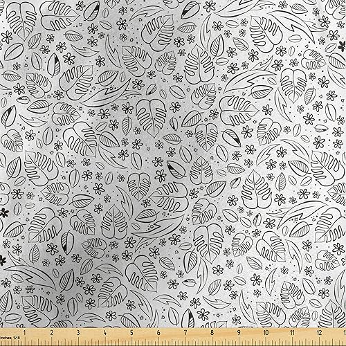 Ambesonne Floral Fabric by The Yard, Monochrome Leaves and Flowers Spring Daisy Meadow Blossoms Illustration, Decorative Satin Fabric for Home