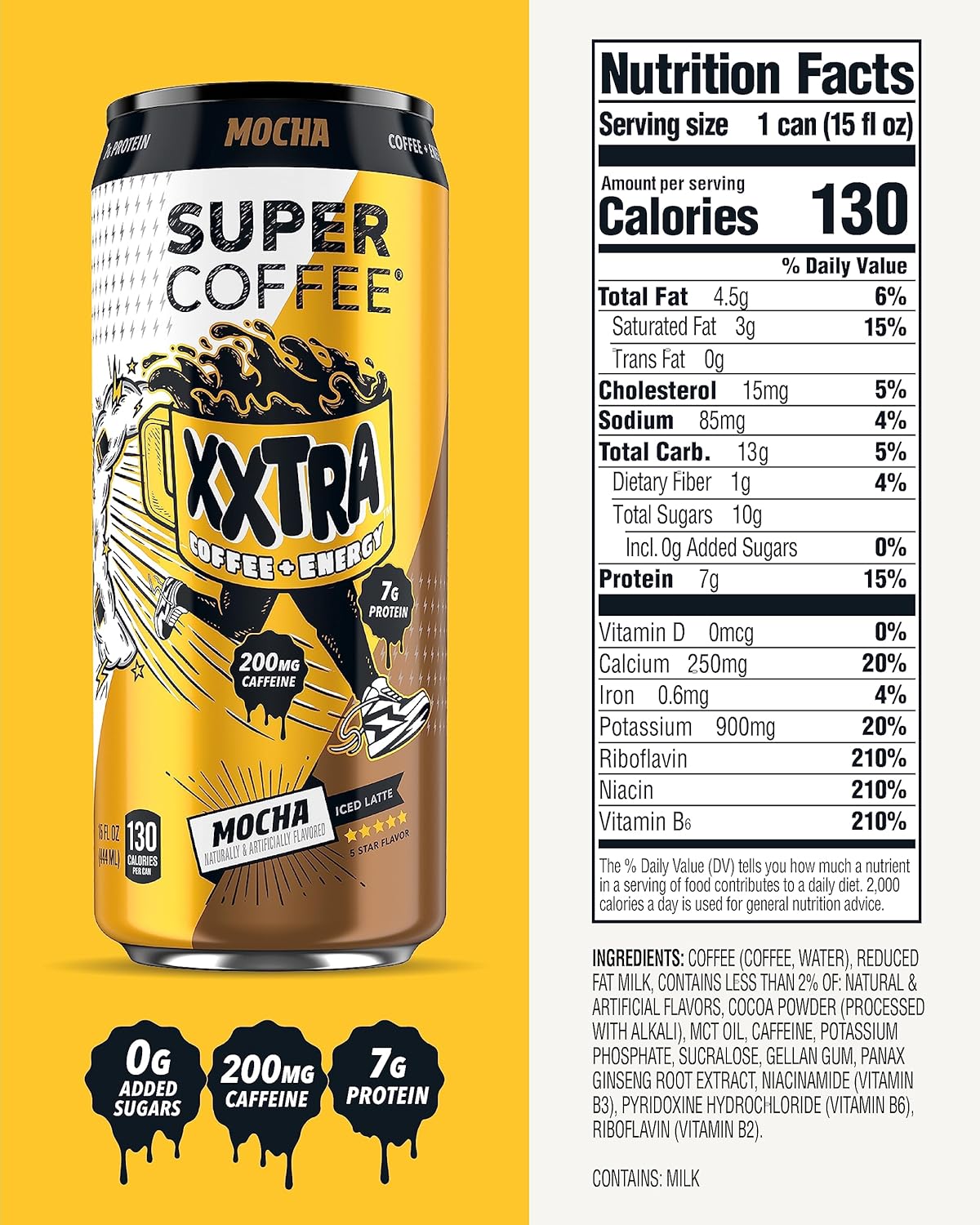 Super Coffee XXTRA, Keto Protein Coffee (0g Added Sugar, 7g Protein, 130 Calories) [Mocha] 15 Fl Oz, 12 Pack | Iced Smart Coffee Drinks - SoyFree GlutenFree
