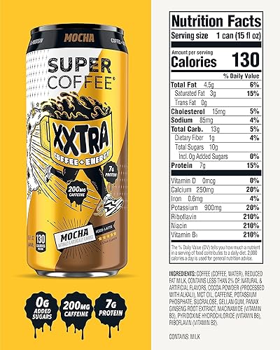 Miniatura 2 de Título Super Coffee XXTRA, Café helado (0.00 oz de azúcar añadido, 0.25 oz de proteína, 130 calorías) Moca 15 fl oz, paquete de 12  Café helado,