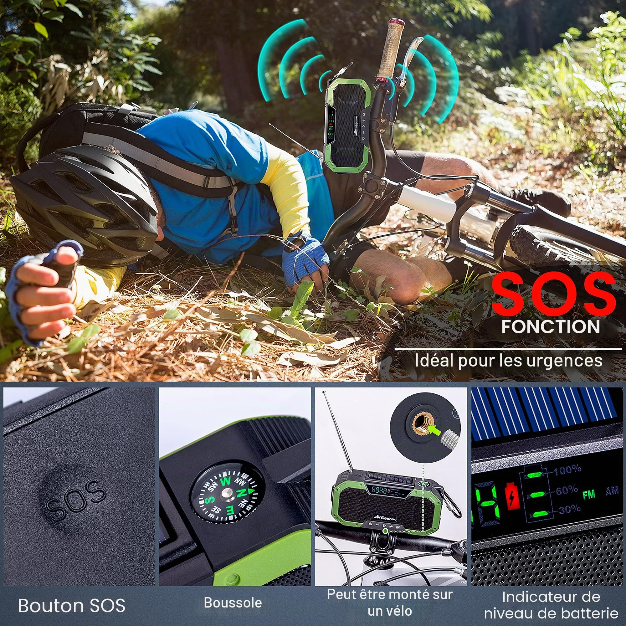 AirGearPro Radio Dynamo Portable de Survie avec Batterie 5000mAh - Chargeur USB pour Smartphone - Lampe Torche, FM/AM - Radio Solaire à Manivelle…