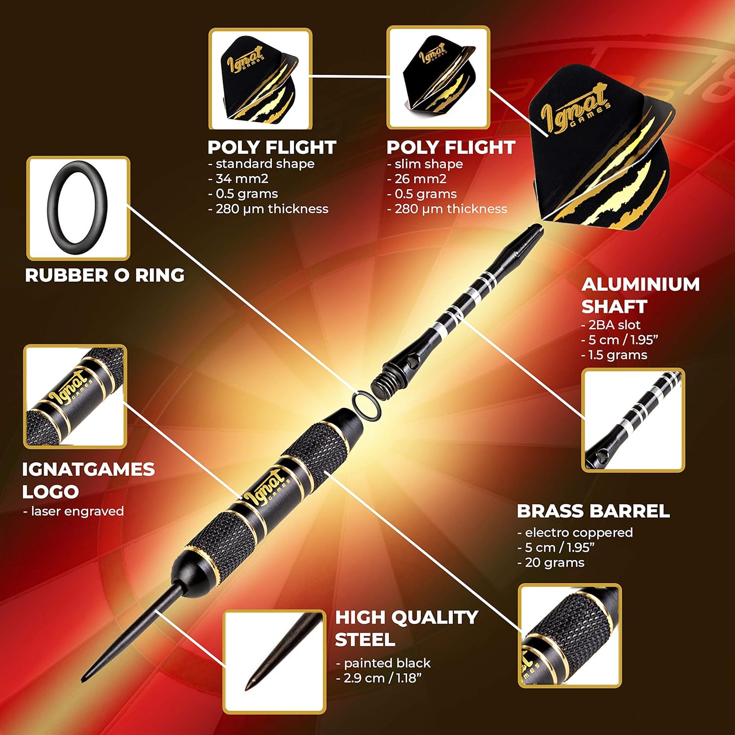 IgnatGames Steel Tip Darts Set - Professional Darts with Stylish Case and Darts Guide, Darts Steel Tip Set with Aluminum Shafts + Rubber O'Rings + Extra Flights + Darts Sharpener and Wrench : Sports & Outdoors
