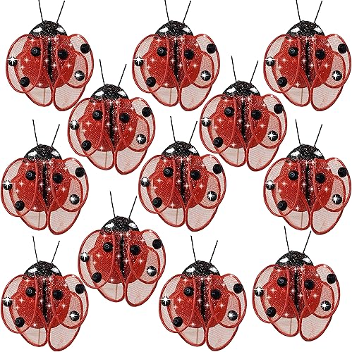 BANBERRY DESIGNS Clips de mariquita, juego de 12 unidades, decoración floral artificial, color rojo y negro, mariquitas con clip, accesorios de