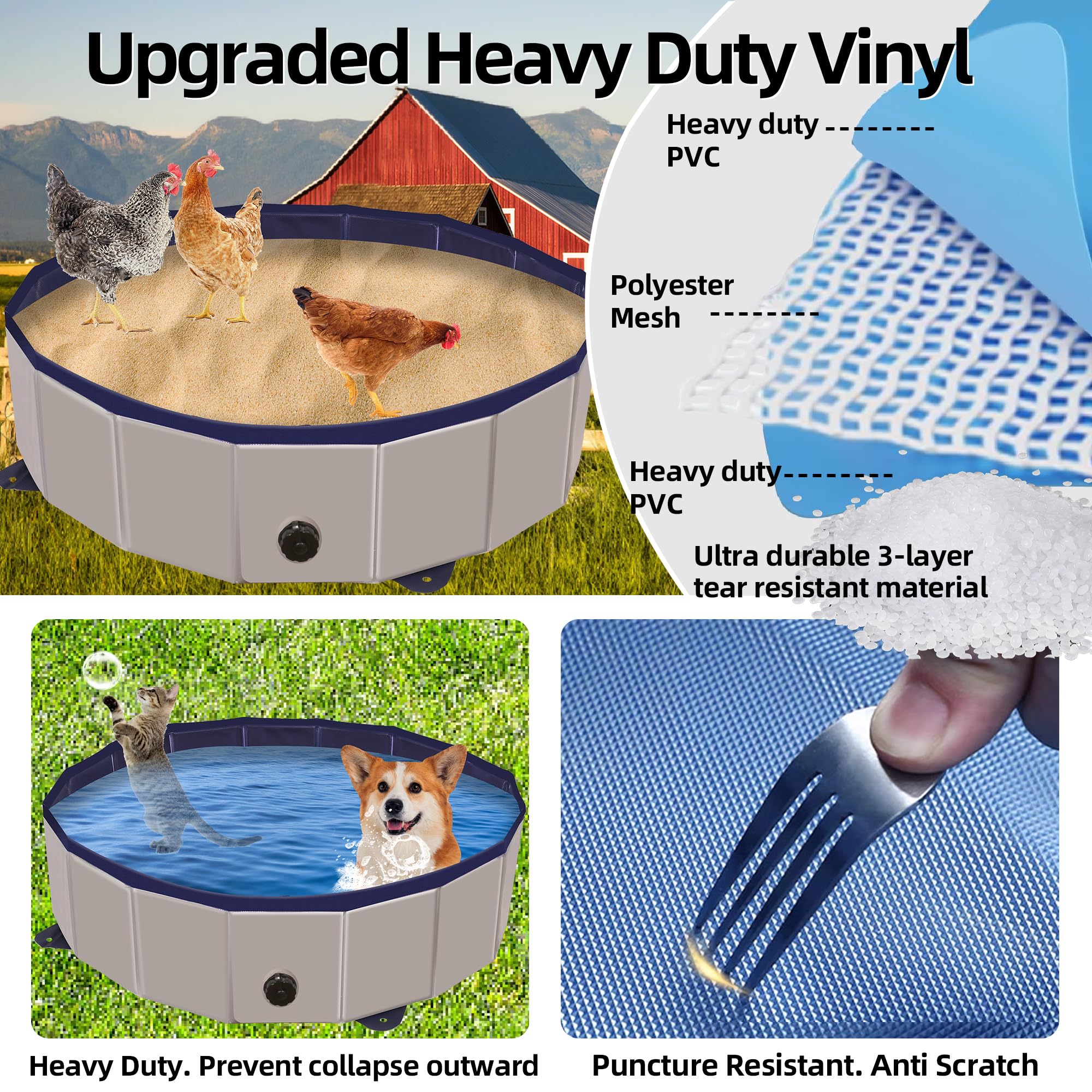 Tina de baño de polvo de pollo, contenedor limpiador de cal de gallinero, 32 pulgadas de profundidad x 8 pulgadas de alto, material de PVC, plegable, portátil, accesorio esencial para polvo de