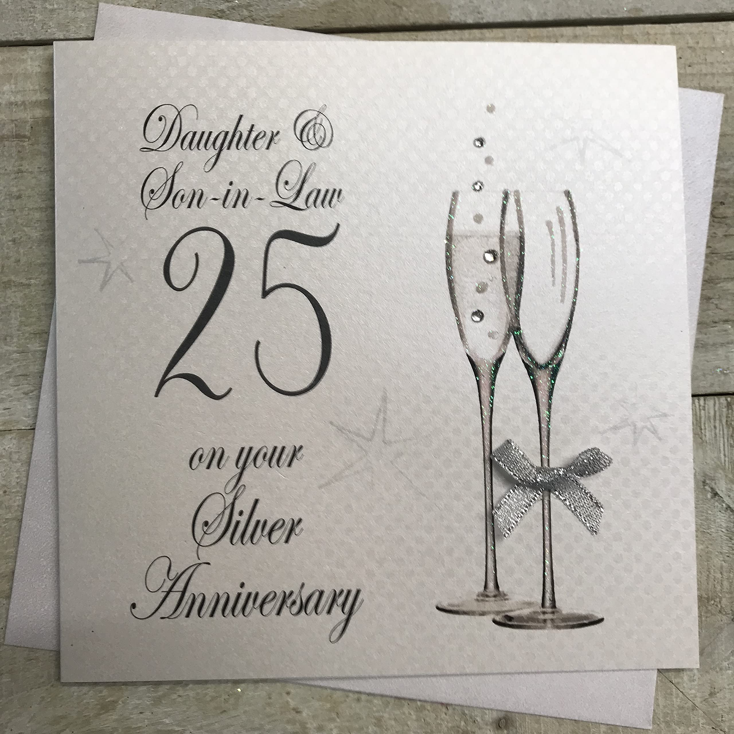 WHITE COTTON CARDS Daughter & Son-in-Law 25th Anniversary Card, Silver, Champagne Flutes Handmade P25DS