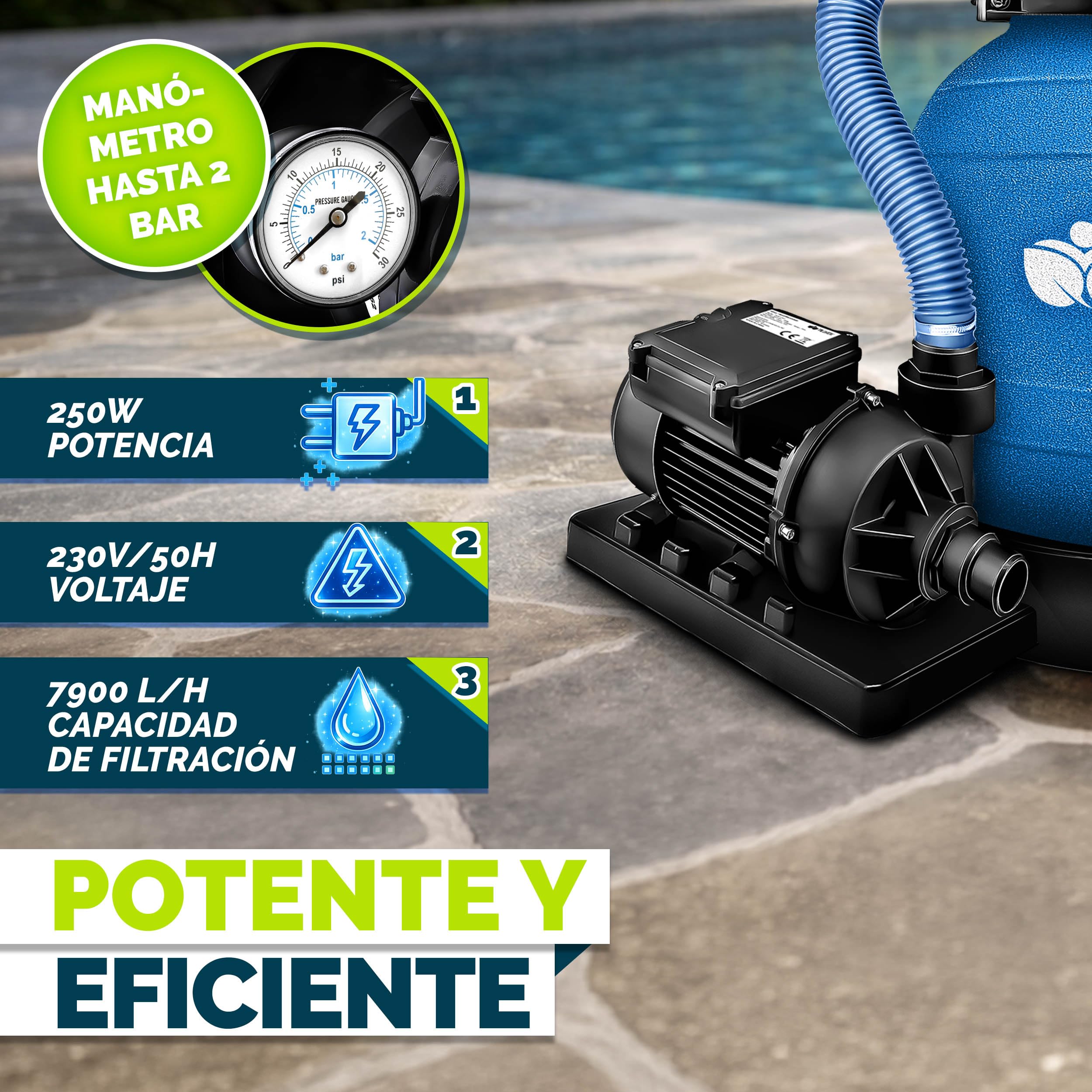 tillvex Depuradora de Agua para Piscina 7.900L/h + 400g Bolas de Filtro | 7 Funciones de Filtrado & Adaptador Ø32-38mm | Filtro de piscina con indicador de presión (Azul)