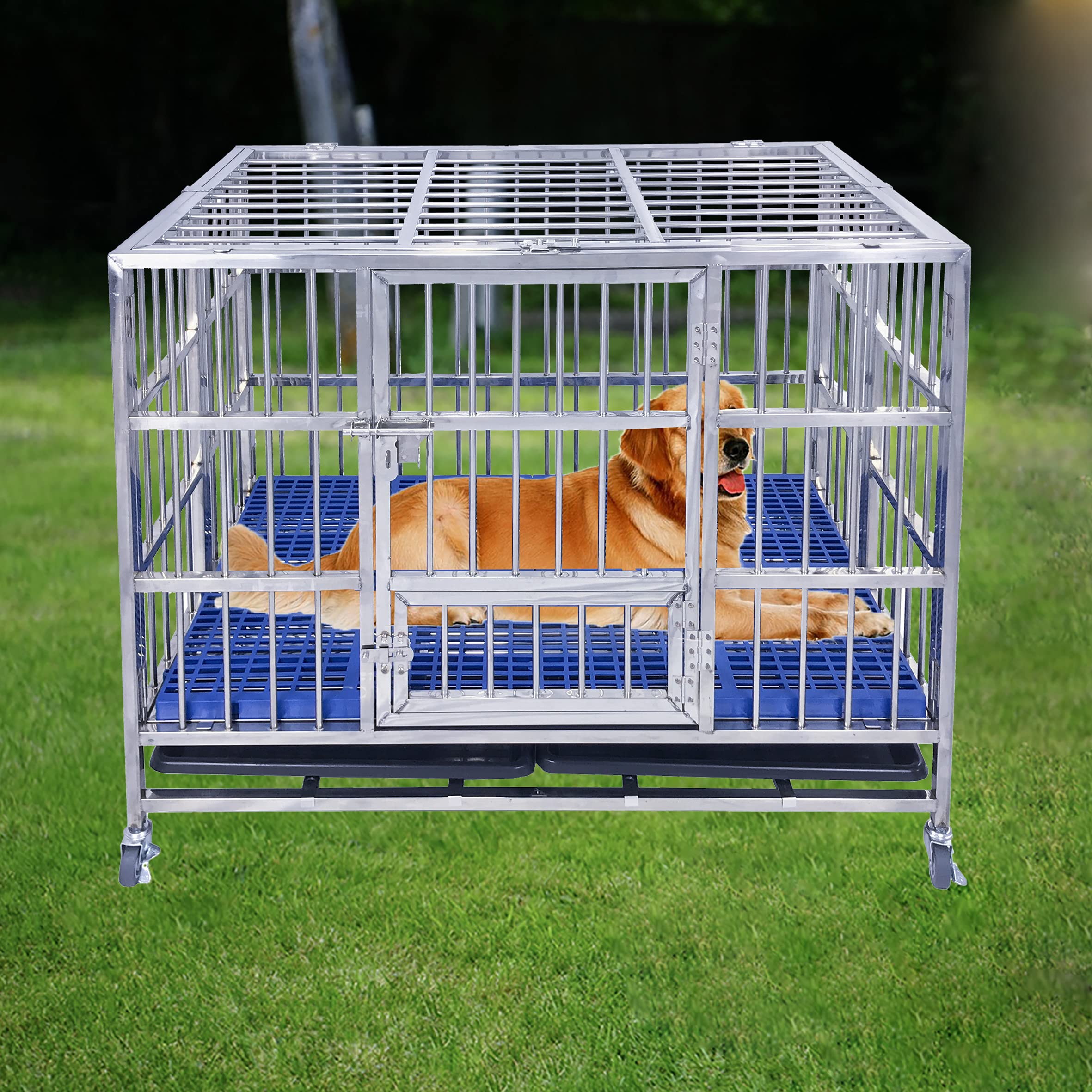 FoQualy Brand Foldable Stainless Steel Dog Cage on Lockable Wheels with