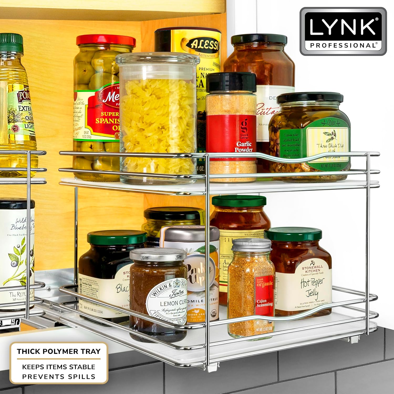 LYNK PROFESSIONAL® Pull Out Spice Rack Organizer for Inside Kitchen Cabinets - 10-3/8 inch Wide - Slide Out Drawer – Chrome Sliding Spice Organization for cabinet - Spice Racks - 2 Tier
