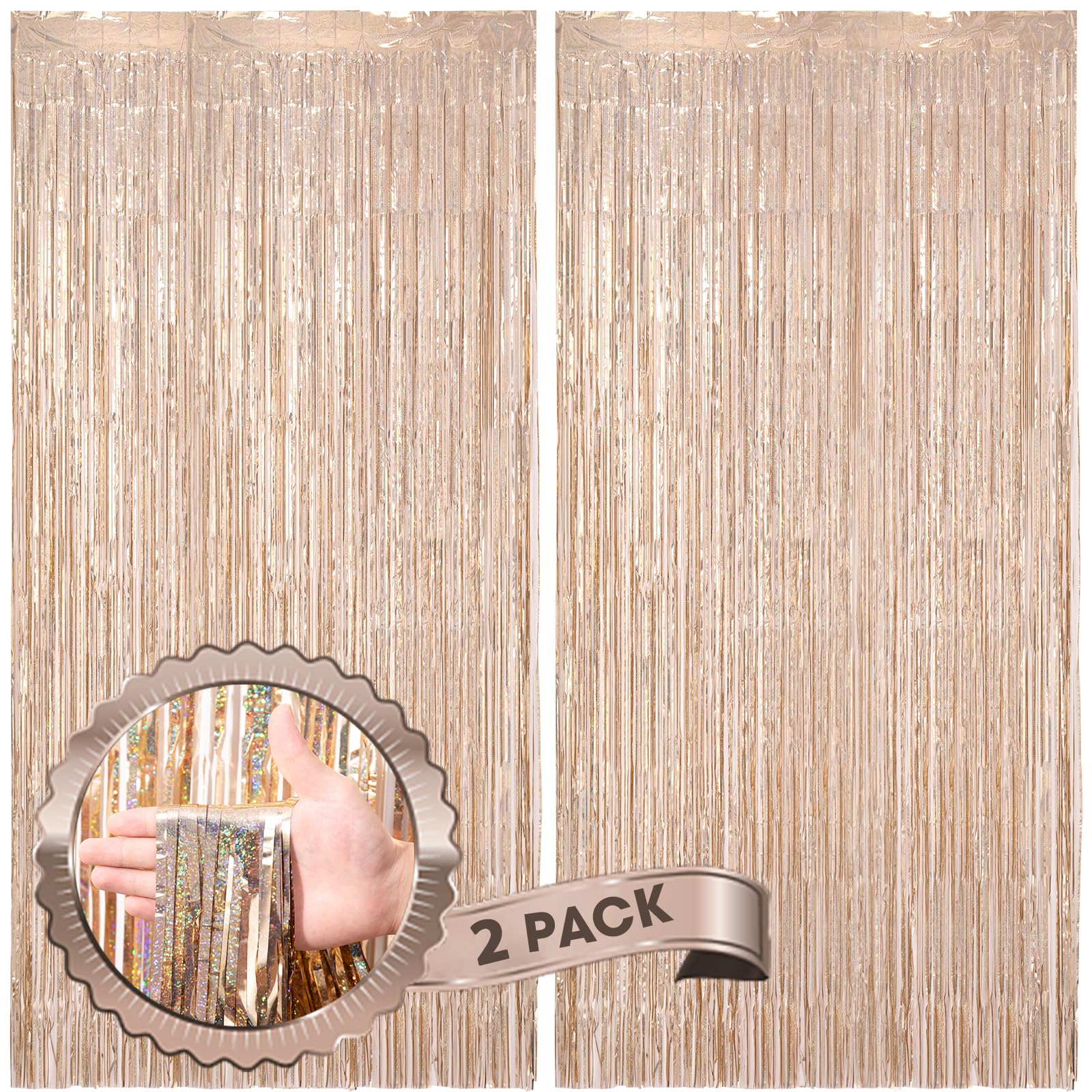Voircoloria 2 Pack Laser Champagne Foil Fringe Backdrop Curtains,3.3x8.2Ft