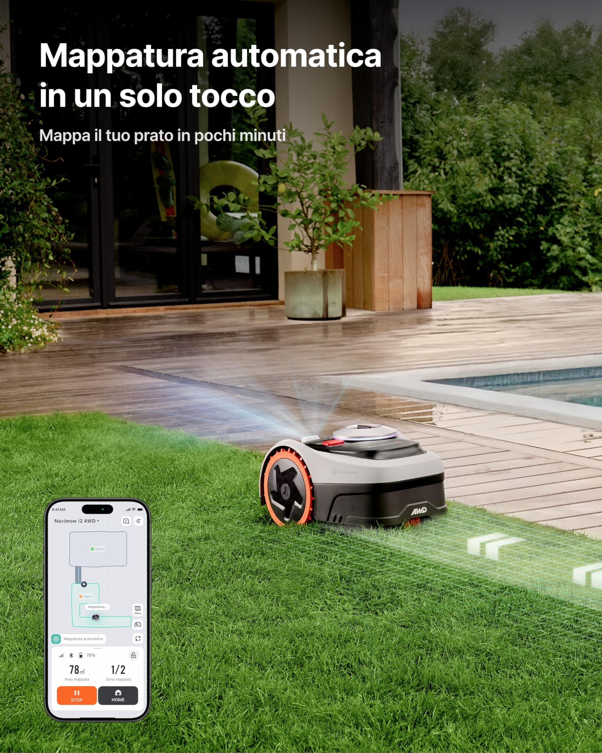 Segway Navimow i205 AWD Robot Tagliaerba Senza Filo Perimetrale - Kit con Garage S, Trazione Integrale per Pendii del 45%, EFLS NRTK + Visione, Non è Necessaria un'antenna RTK (Spedito separatamente)