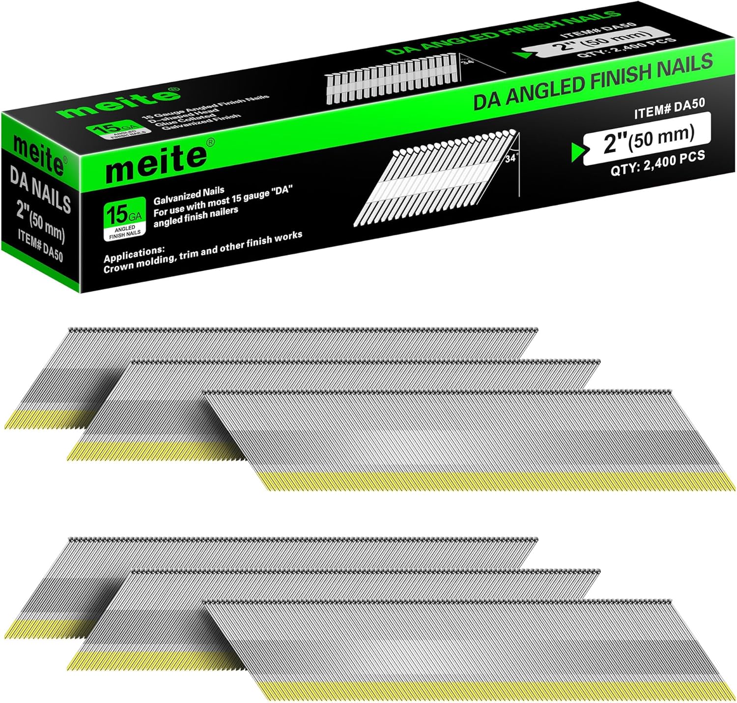 meite 15 Gauge Angled Finish Nails 1-1/2 Inch 34 Degree Nails for Pneumatic Electric Finish Nailer Gun, Galvanized No-Rust Finishing Nail for Cabinet Crown Baseboard Door Trim, DA Series 2,400 PCS