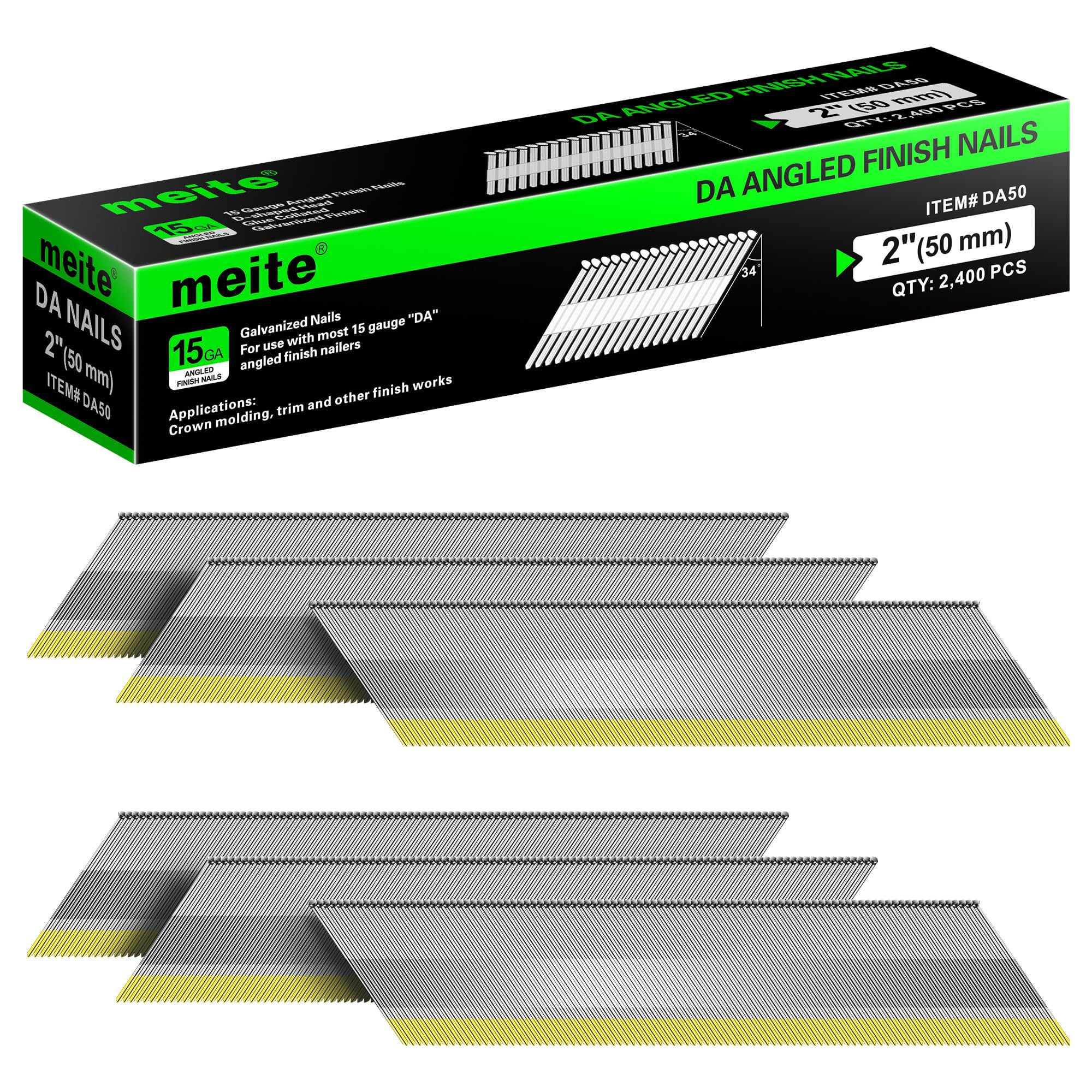 meite 15 Gauge 34 Degree Angled Finish Nails, 2 Inch Leg Galvanized No-Rust DA-Style Nails for Nailer Gun, Glue-Collated Trim for Baseboard Crown