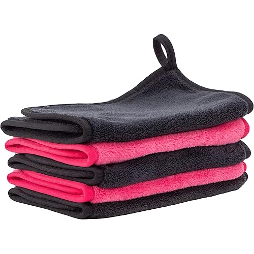 S&T INC. Reusable Makeup Remover Wipes, Microfiber Face Cloths for Washing Makeup and Oil from Skin, Travel Essentials, Black and Pink, 8 Inch x 16 Inch, 5 Pack