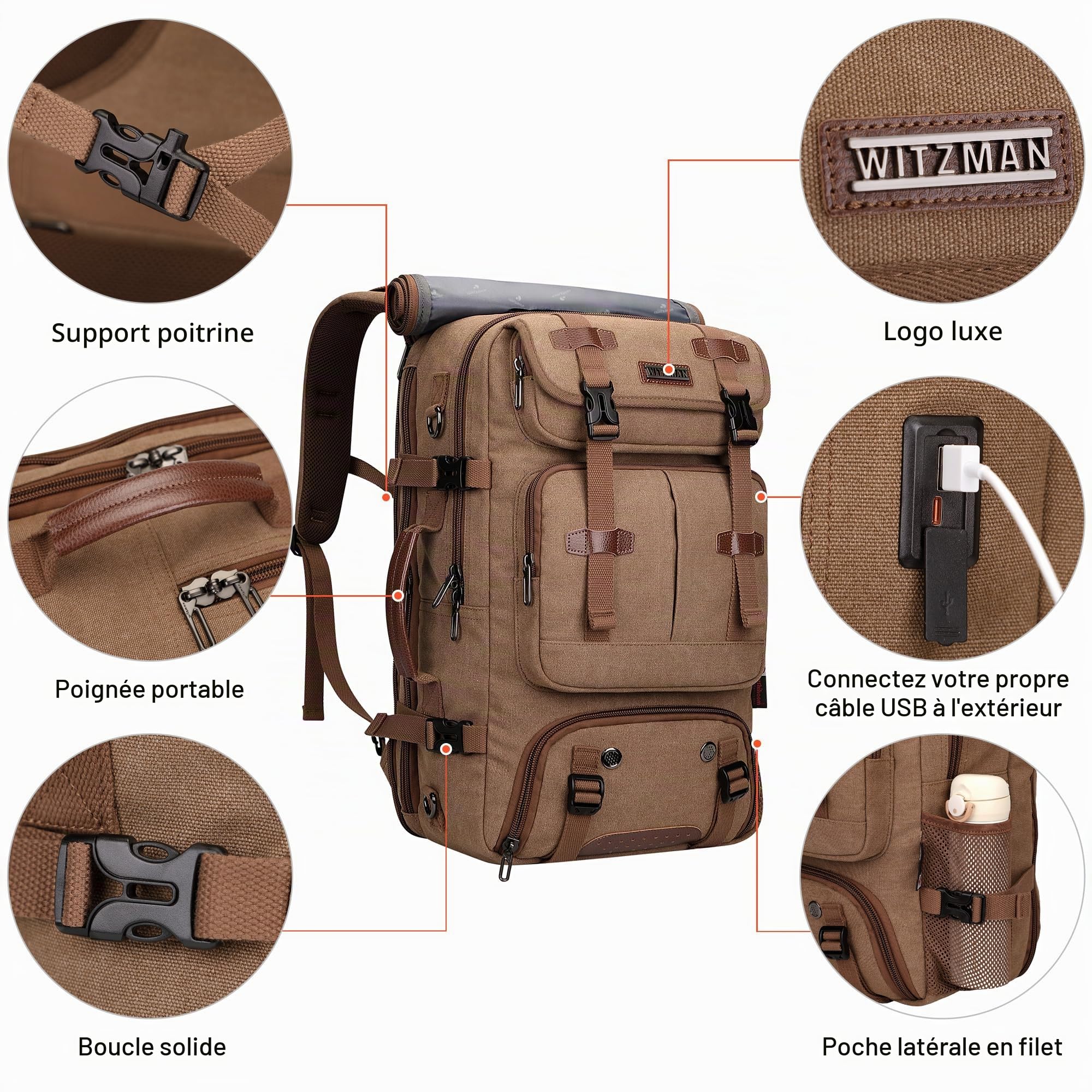 WITZMAN Sac à Dos de Voyage Homme Toile Vintage 40L Convertible 3-en-1 USB