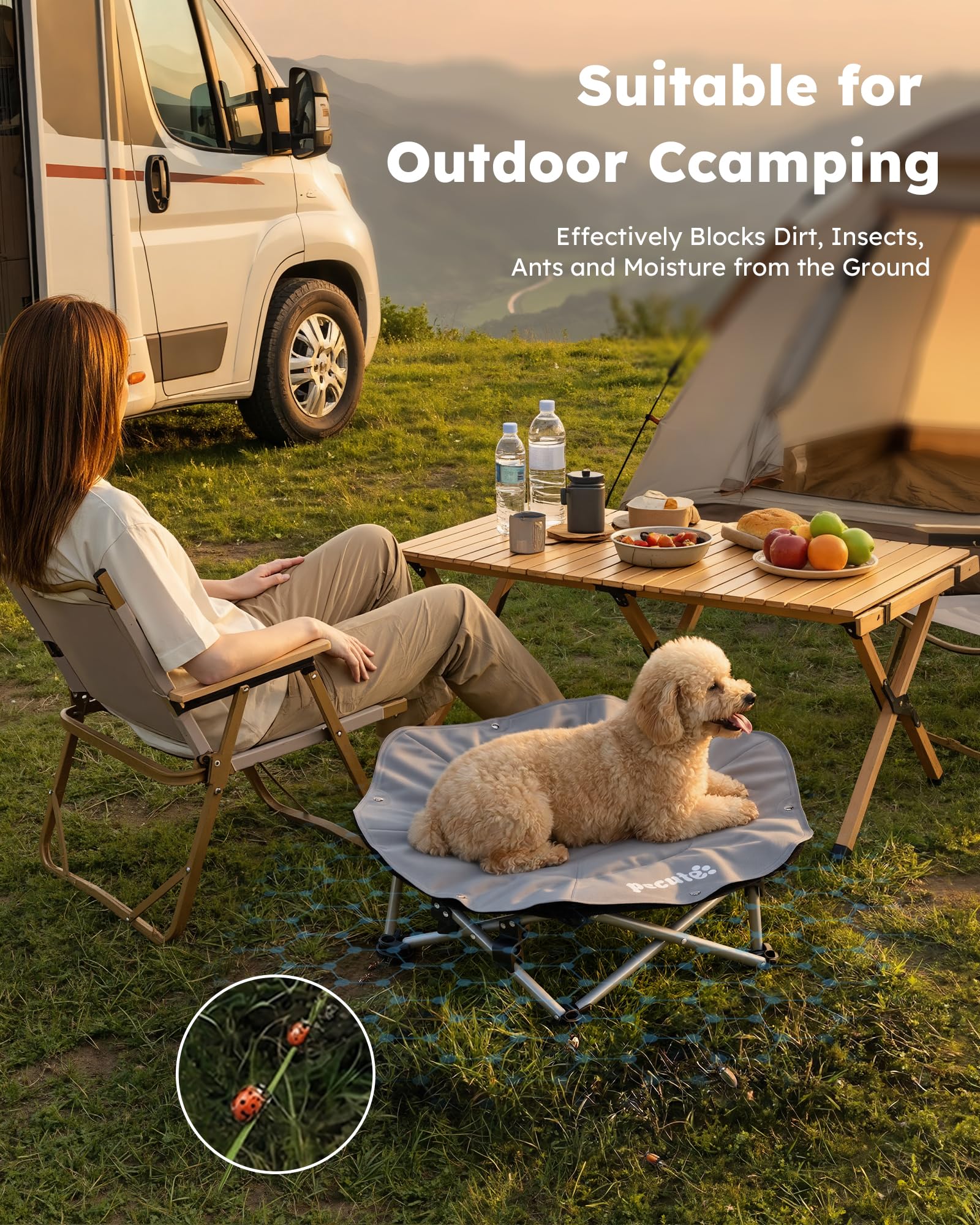 pecute Outdoor Hundeliege erhöht mit Kühlmatte Hund Selbstkühlend, 3s Faltbar Haustierbett mit Abnehmbarem Kühlmatte Hunde Katzen, Stabile Atmungsaktivem Hundebett in und Outdoor Camping, Grau