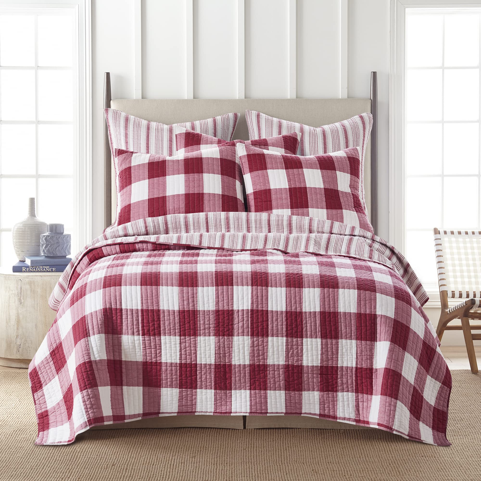 Levtex Home - Camden Quilt Set -King Quilt + Two King Pillow Shams - Buffalo Check in Red and Cream - Quilt Size (106 x 92 in.) and Pillow Sham Size (36 x 20 in.) - Reversible Pattern - Cotton