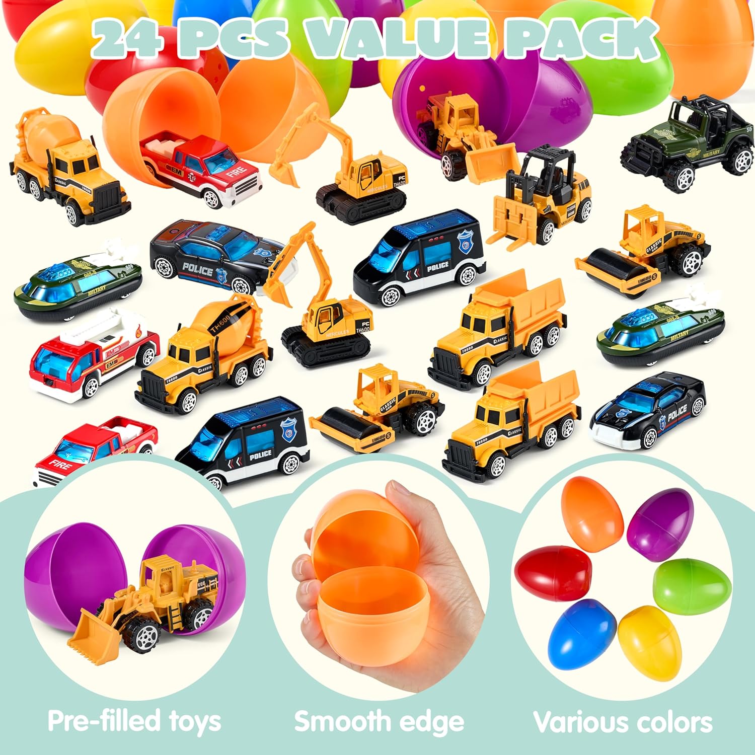 JOYIN 24 Pcs Prefilled Easter Eggs with Cars, Vehicle Toys for Boys Kids Easter Party Favor Eggs Hunt/Basket Stuffers Fillers and Classroom Prize Supplies