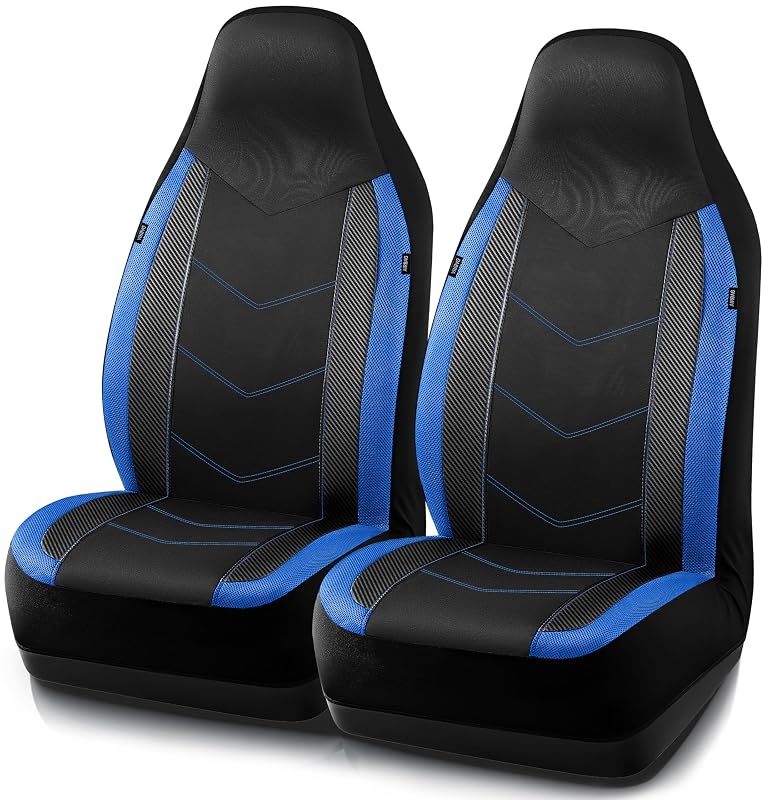Capas para Bancos Dianteiros PIC AUTO em Couro, Tela Mesh e Fibra de Carbono, Compatíveis com Airbag, Azul, Conjunto com 2