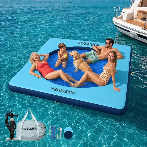 AWEMUFA Inflatable Dock Platform with Mesh, Floating Water Hammock Lake Floats Island Raft, Tannning Pool Lounger Water Mat for Family Party Pool Beach Ocean