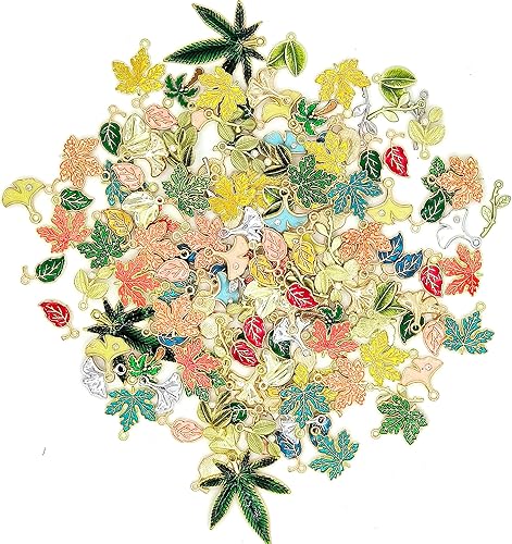 Miniatura 1 de HAPLOVE 79 dijes esmaltados de hojas de árbol de hojas verdes, cuentas de metal chapadas en oro para hacer joyas, pulseras, collares, manualidades,