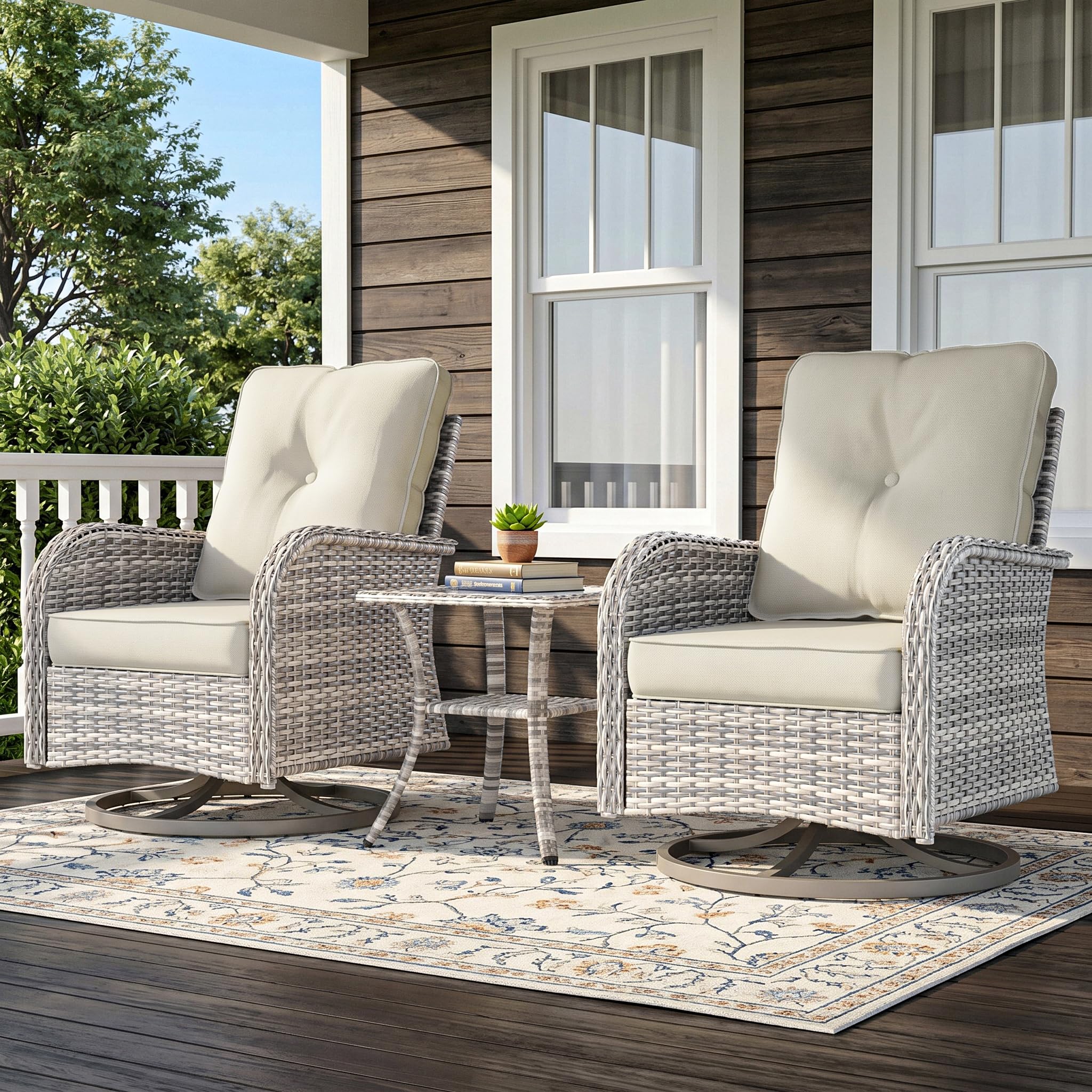 3-Piece Small Patio Furniture Set, Outdoor Swivel Rocking Chairs Set with Wicker Chairs and Tempered Glass Side Table, Outdoor Furniture Patio Bistro Set for Balcony, Deck, Porch