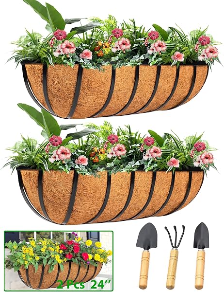 LCHUANG Railing Planter Window Box - Deck Balcony Rail Planter with Coconut Coir Liner, Fence Metal Hanging Flower Plant