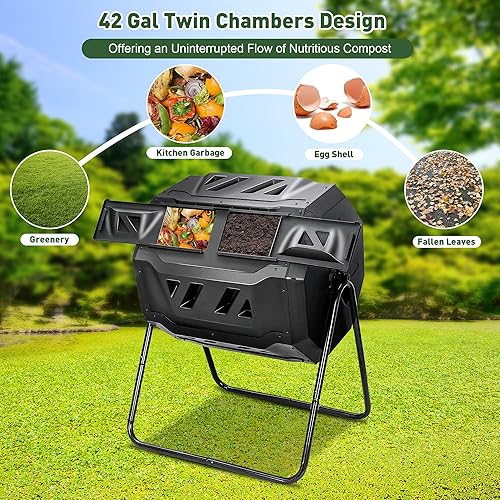 Miniatura 2 de LUCKYERMORE Vaso de compostaje de 42 galones para compostar al aire libre, doble cámara, material libre de BPA con puertas correderas seguras para
