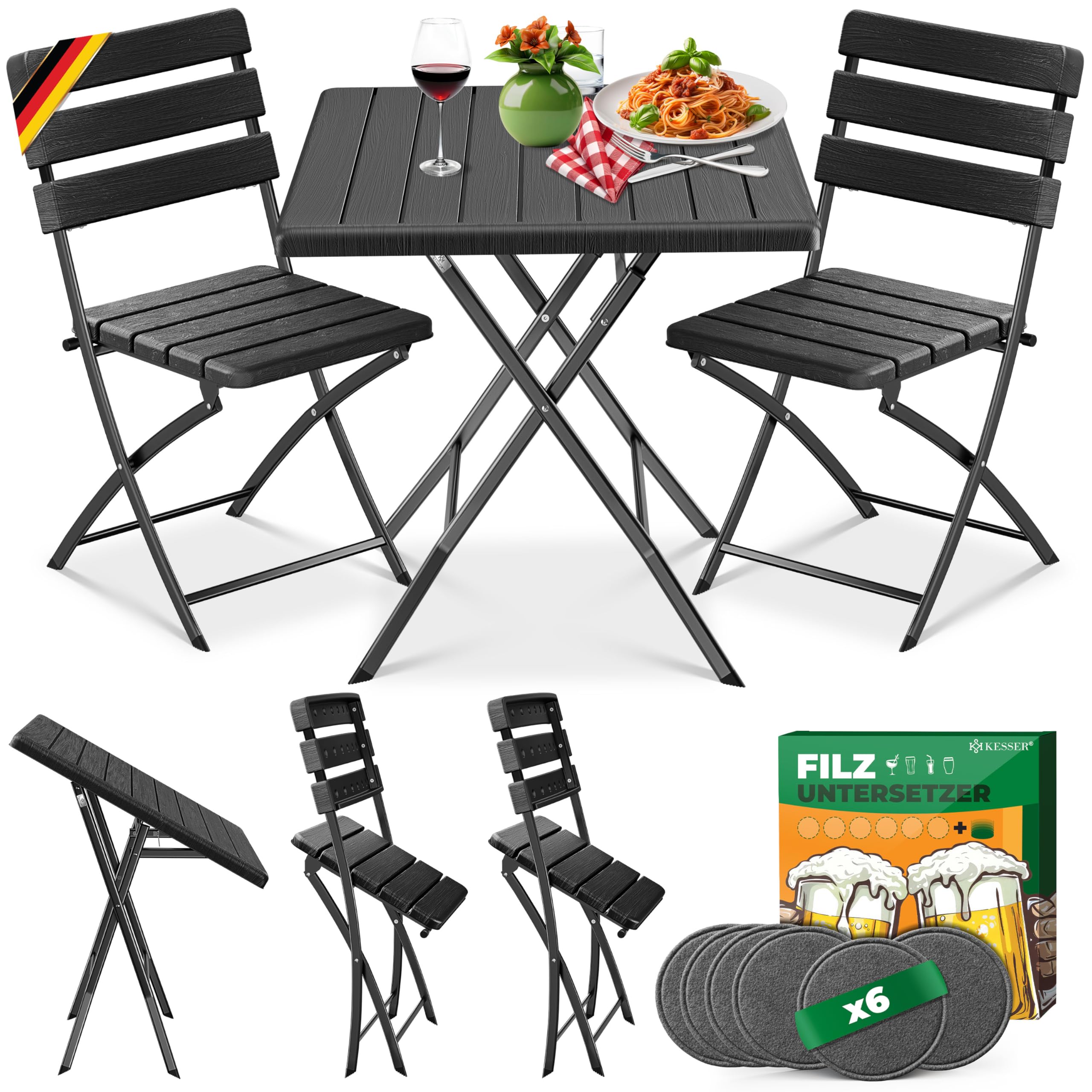 KESSER Ensemble de Bistrot 3 Pièces Pliable Acier Bois Balcon Résistant Intempéries UV