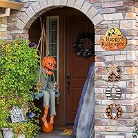 Vista 6 de Marsui Letrero de madera con diseño de calabaza y calabaza para Halloween, decoración de Halloween, letrero colgante de pared, puerta Boo, letrero