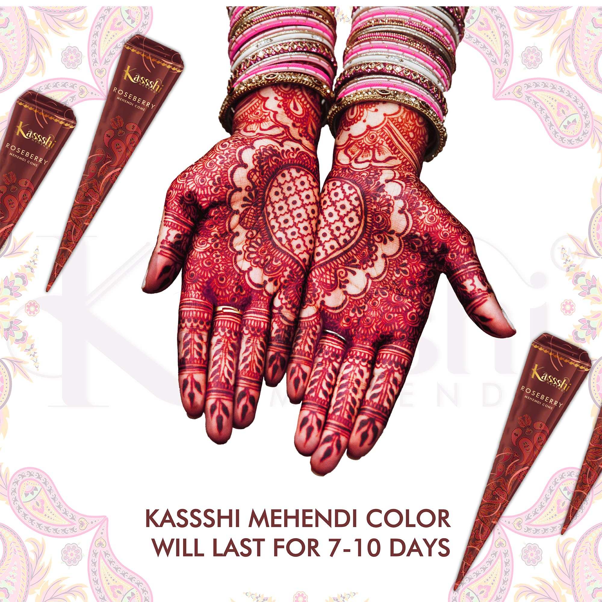 Kassshi Premium Mehendi Cones β Pack of 4 Variants | Quick Peel Formula for Dark Colour | Smooth Flow | Skin Safe | Long Lasting 1