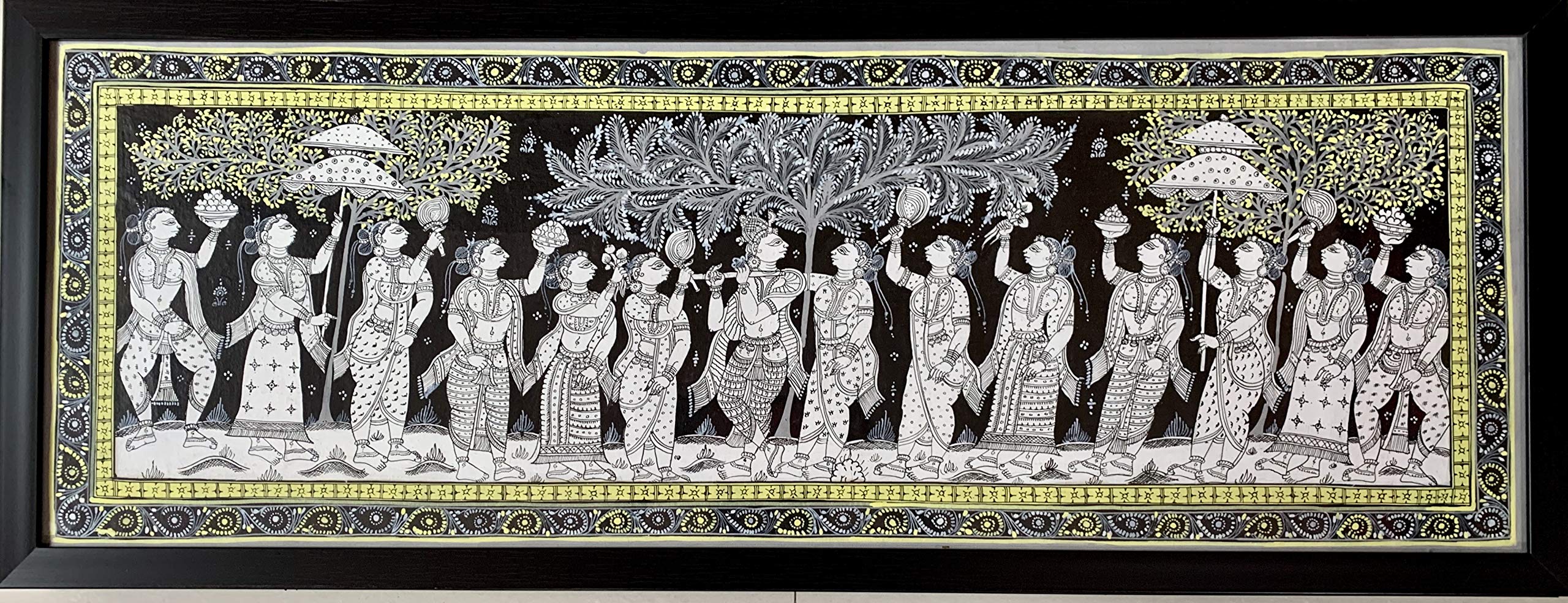 Framed Pattchitra (Canvas Painting,Black) from Raghurajpur/Pipli, Odisha, Master Series, 42" W x 16" H Approx, Theme: Krishna Leela