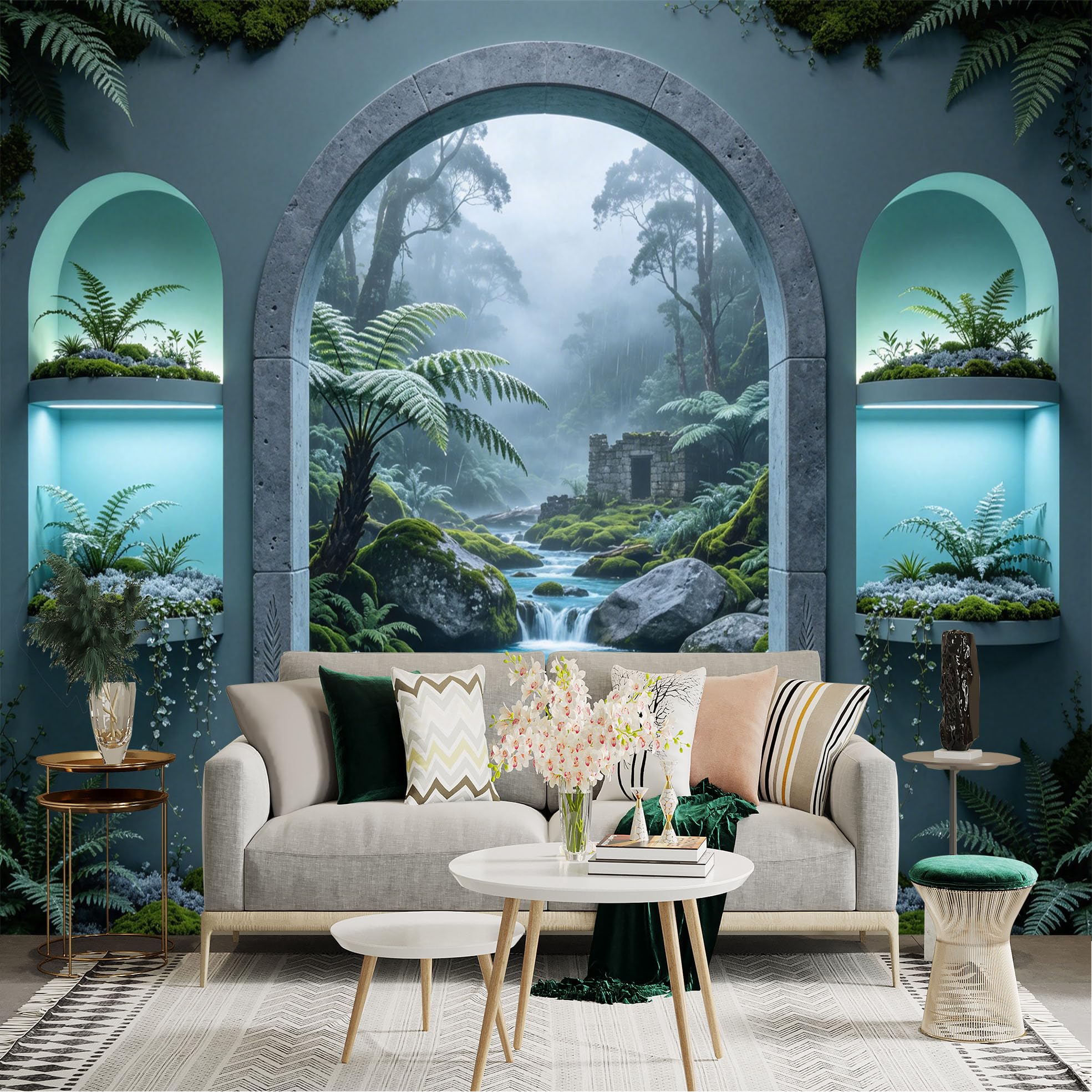 Lnzczhyre Dbh260521294 Custom Size Wall Sticker Mural， Enchanting Stone Archway， Misty Tropical Rainforest， Serene Mossy River， Ancient Stone Ruin， Lush Fern Foliage， For Wall Decoration， Peelandstick Wall Decals.