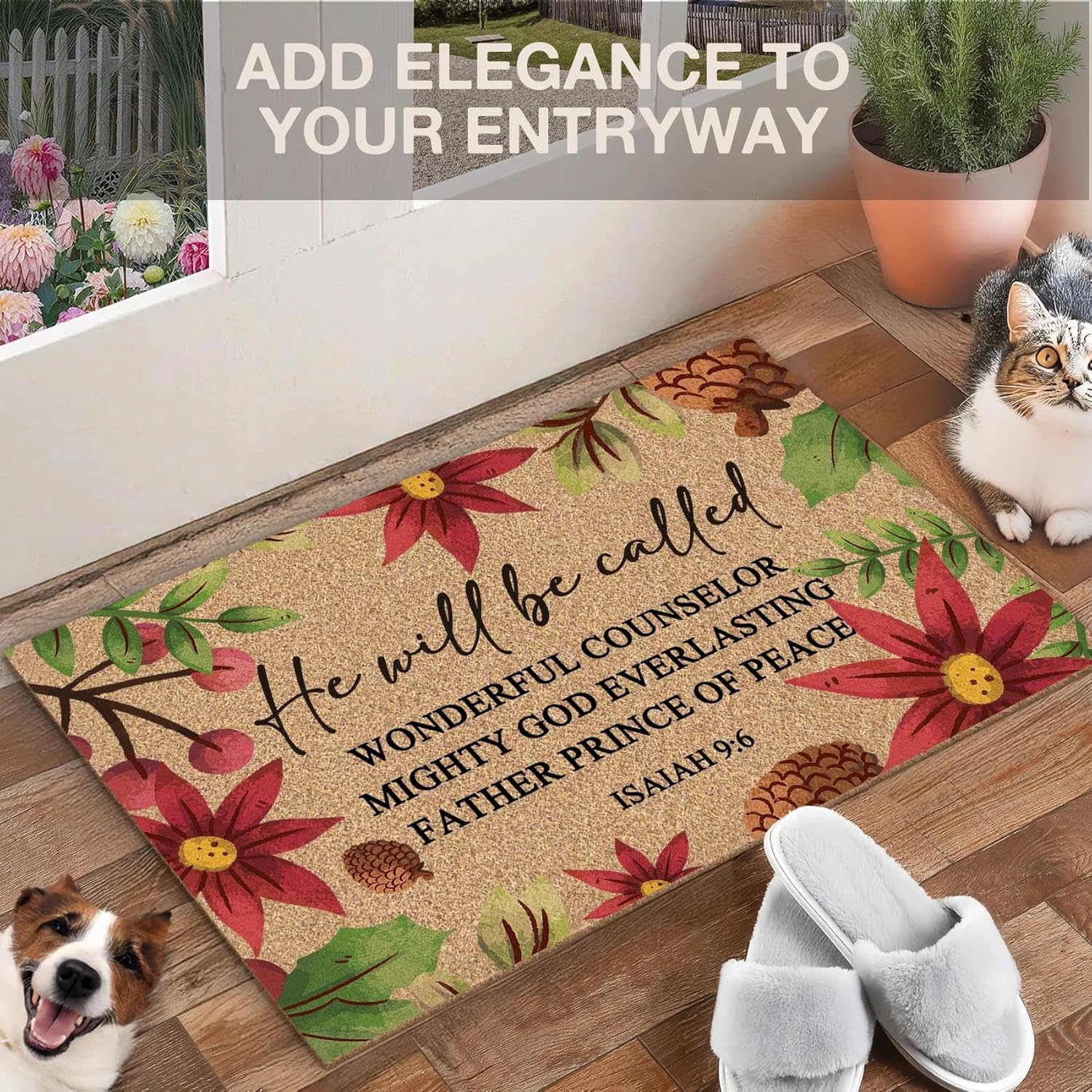 Christmas Christian Floral Welcome Door Mat, Farmhouse Religious Bible Poinsettia Artificial Coco Coir Doormat for Indoor Outdoor Porch Entrance Outside, Christmas Door Mat Outdoor，17x30 In