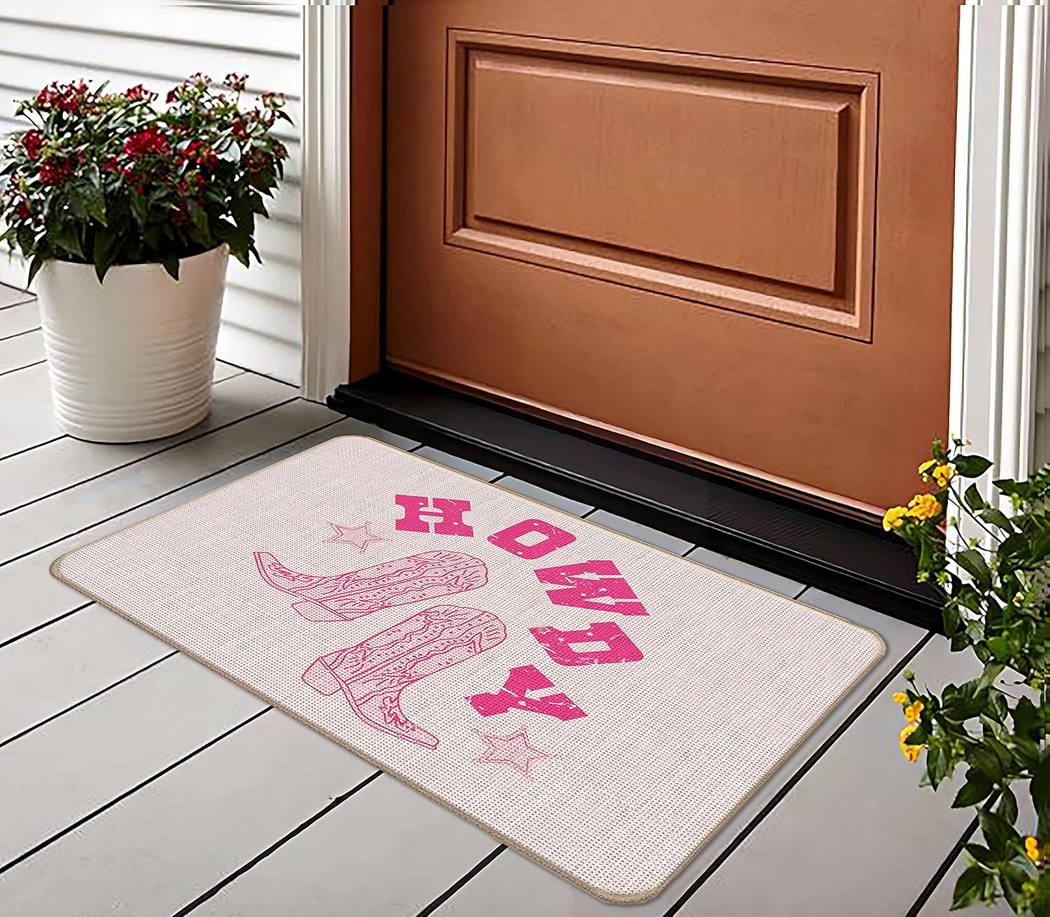 Retro Hot Pink Preppy Howdy Western Cowboy Cowgirl Boots Door Mat Doormat,17"X30" Decorative Dorm Indoor Outdoor Entry Door Mat,Western Welcome Mat Decor,Cowgirl Gifts for Teen Girls Women