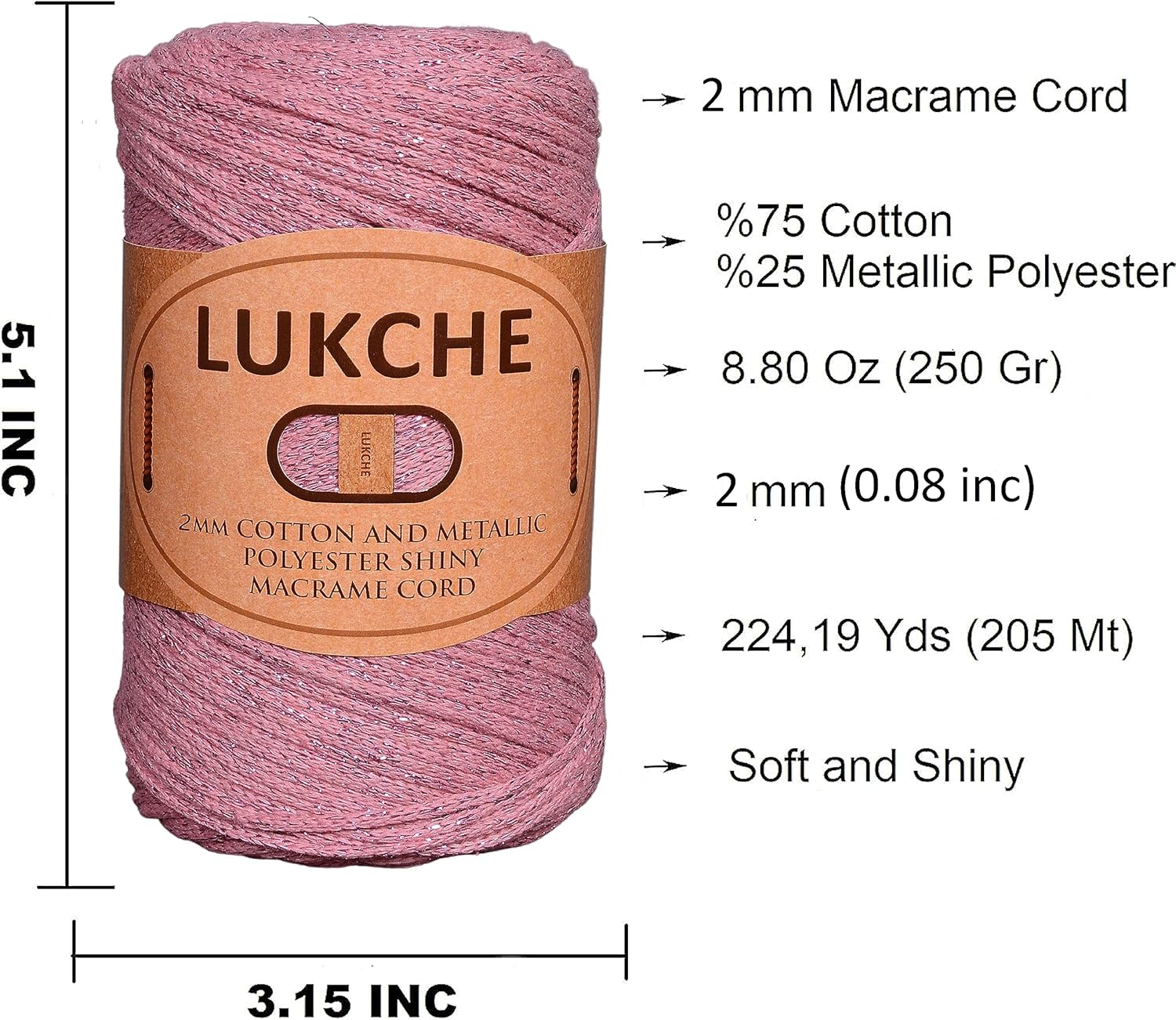 2mm Cotton Sparkle Macrame Cord 224 Meters, Colorful Crochet Macrame Cord for Wall Hangings, Bags, Plant Holders, Rugs, Polypropylene Supplies (2 Skein, Pink)