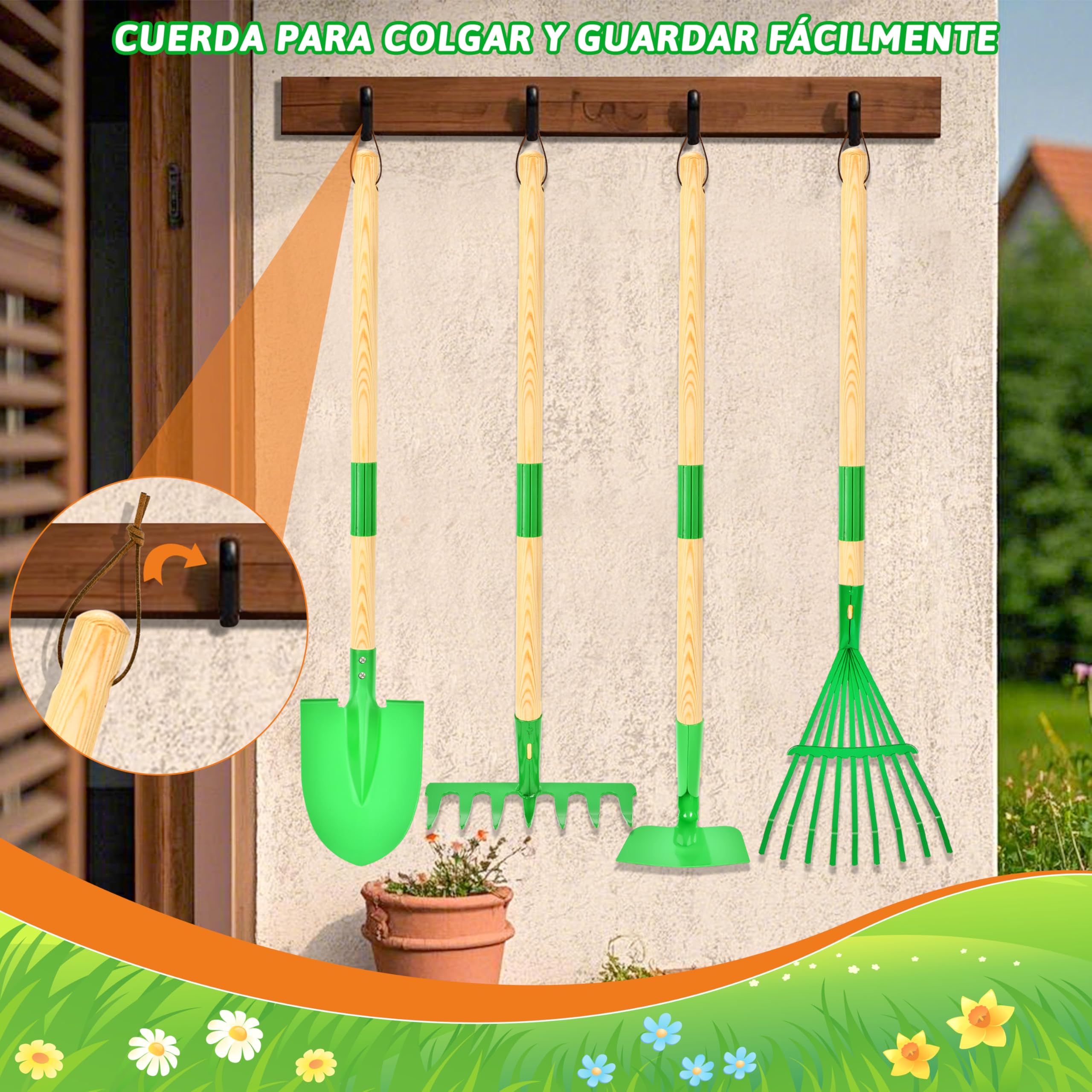 IEEILULU Juego de herramientas de jardín para niños, herramientas de jardín para niños, de madera, 7 piezas, juguete de jardín extraíble con delantal regadera, juguete de jardín al aire libre para