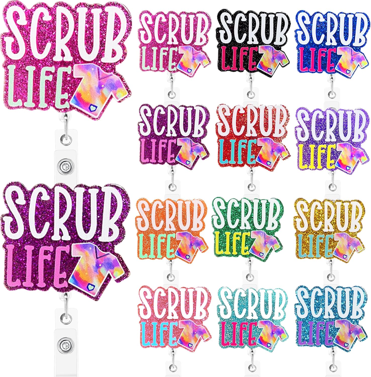 24 PCS Scrub Life Badge Reels Bulk Funny Colorful Badge Holders Retractable Clip Cute Nursing MA RN LPN CNA Badge Buddy Nurses Accessories for Work