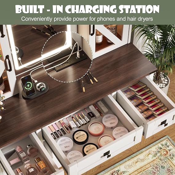 Farmhouse Makeup Vanity Desk with Lighted Mirror, Vanity Table Set with Storage Stool and Charging Station, Dressing Table with Sliding Barn Door Hidden Shelves& 3 Drawers& 4 Cabinets