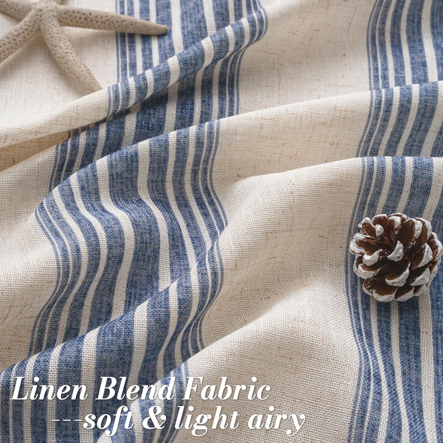 DriftAway Farmhouse Curtains for Living Room Vertical Striped Linen Curtains Semi Sheer Light Filtering Back Tab Rod Pocket Window Treatments, 84 Inches Long, 2 Panels, Jean Navy on Beige