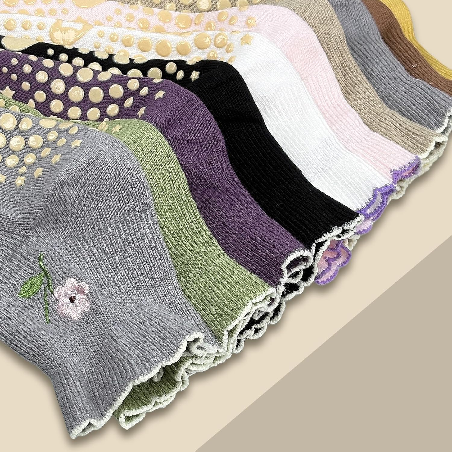 4 Pairs Pilates Grip Short Socks for Women Yoga Non Slip Cute Ruffle Ankle Barre Socks. - Image 2